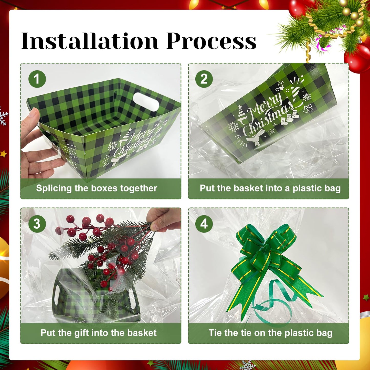 CIEOVO 24 Set Christmas Party Baskets with Cellophane, Bows, Market Tray for Christmas Xmas Holiday Party Decor