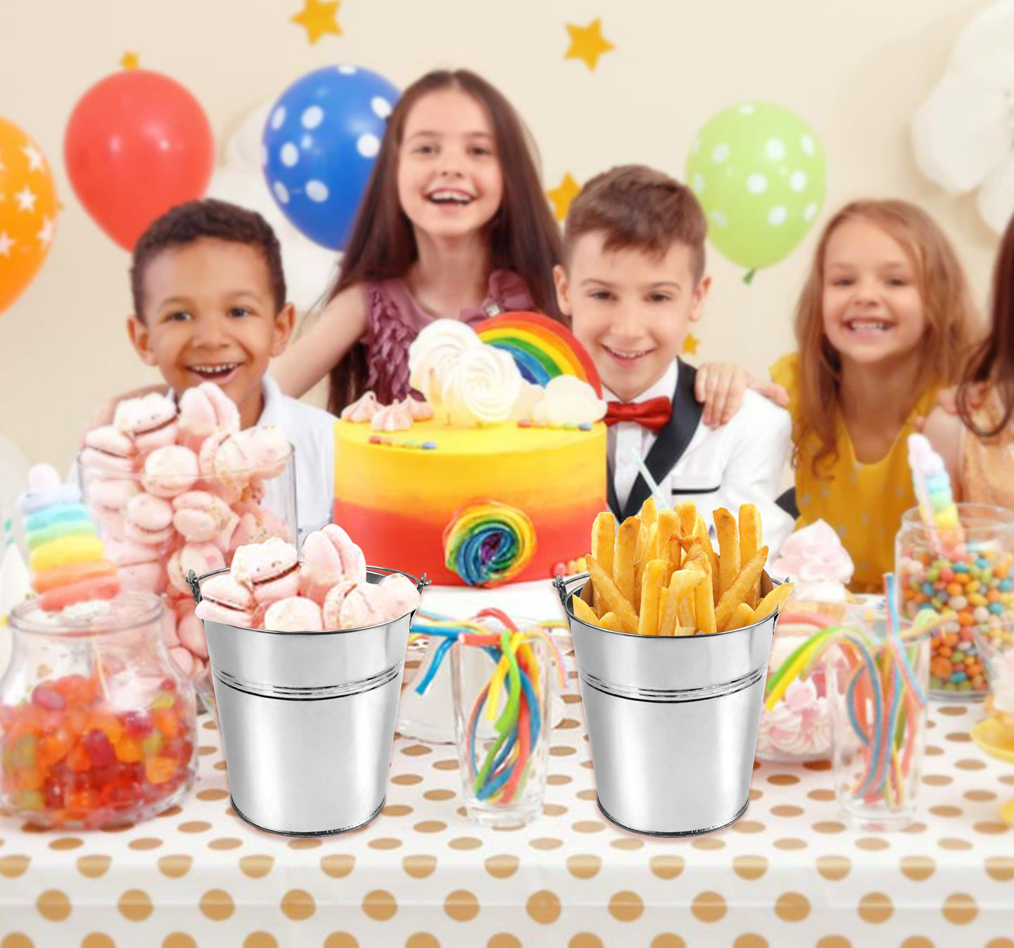 6 Metal Buckets With Chalkboard Stickers and Plastic Kitchen Scoops, Small Galvanized, for Birthday, Wedding Party, Garden Planters, Party Supplies, Decorations, 5 Inch Tin - (Tie 6)