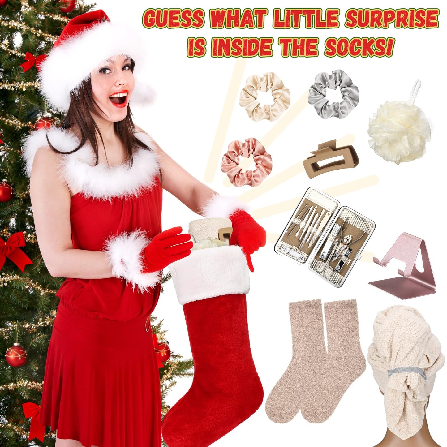 10 Pcs Christmas Stocking Stuffer for Women Include 18 Inch Xmas Stocking Hair Towel Wrap Bath Sponges Nail Clippers Kit Hair Claw Clip Scrunchies Socks Phone Stand for Xmas Gift Ideas