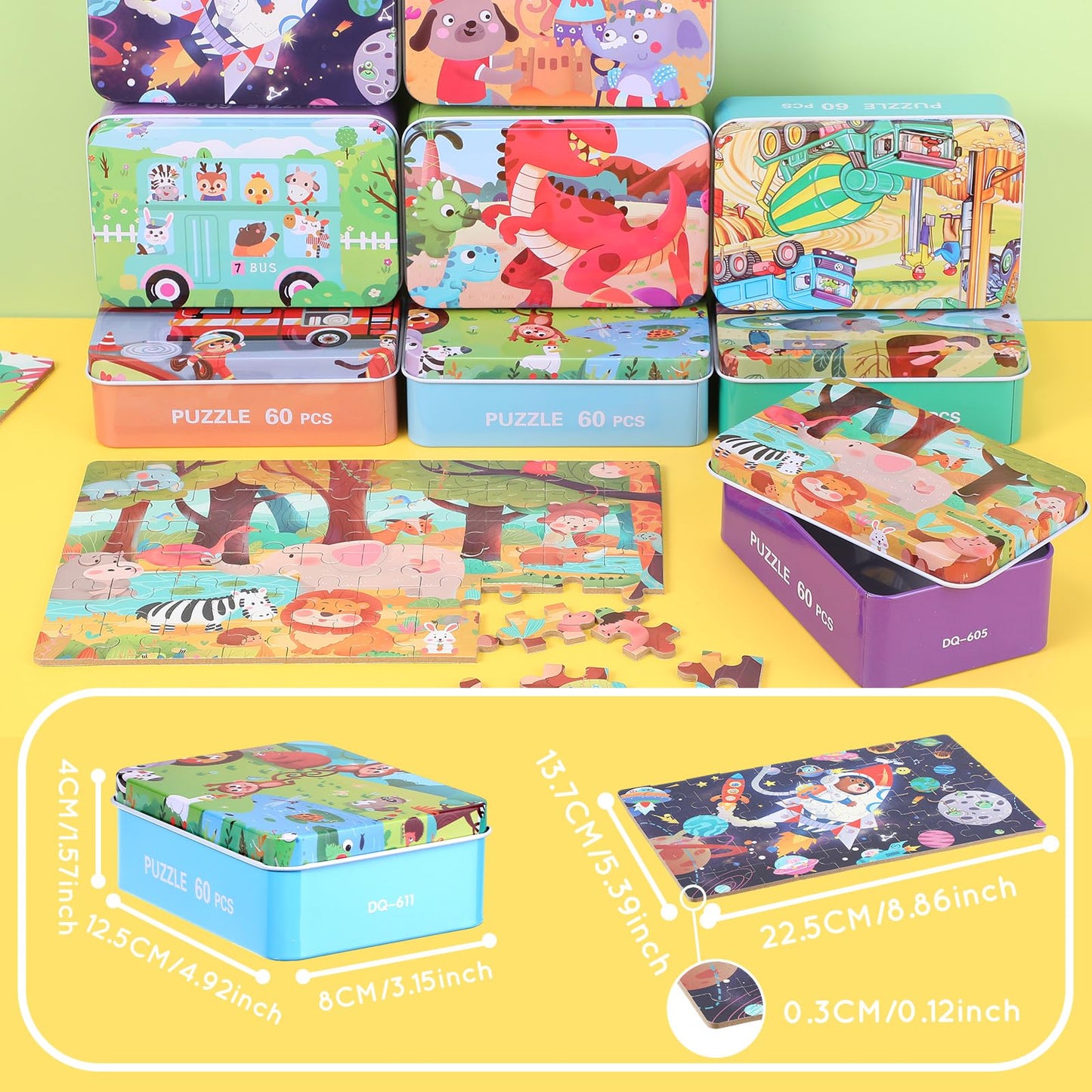 Libima 9 Boxes Party Favors Jigsaw Puzzles in a Metal Box for Age of 4-8 Wooden Puzzle for Ages 4-8 Boys and Girls Learning Educational Toys 9 Styles(Cute Style)