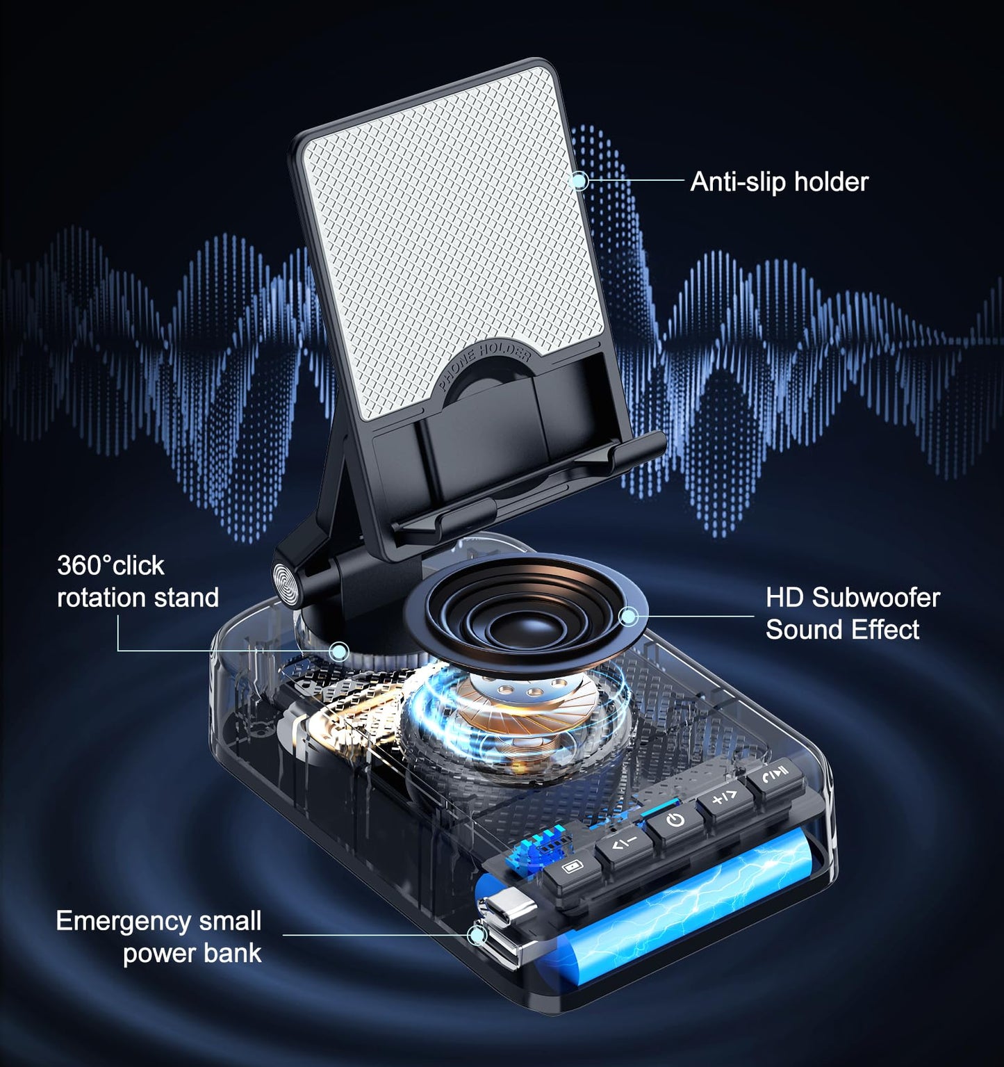 Joymate Gifts for Men Women, Phone Stand with Bluetooth Speaker and Charging Function 360° Rotable Angel Adjustable Cell Phone Holder with HD Stereo Sound Fits All Phones,Tablet (Black)