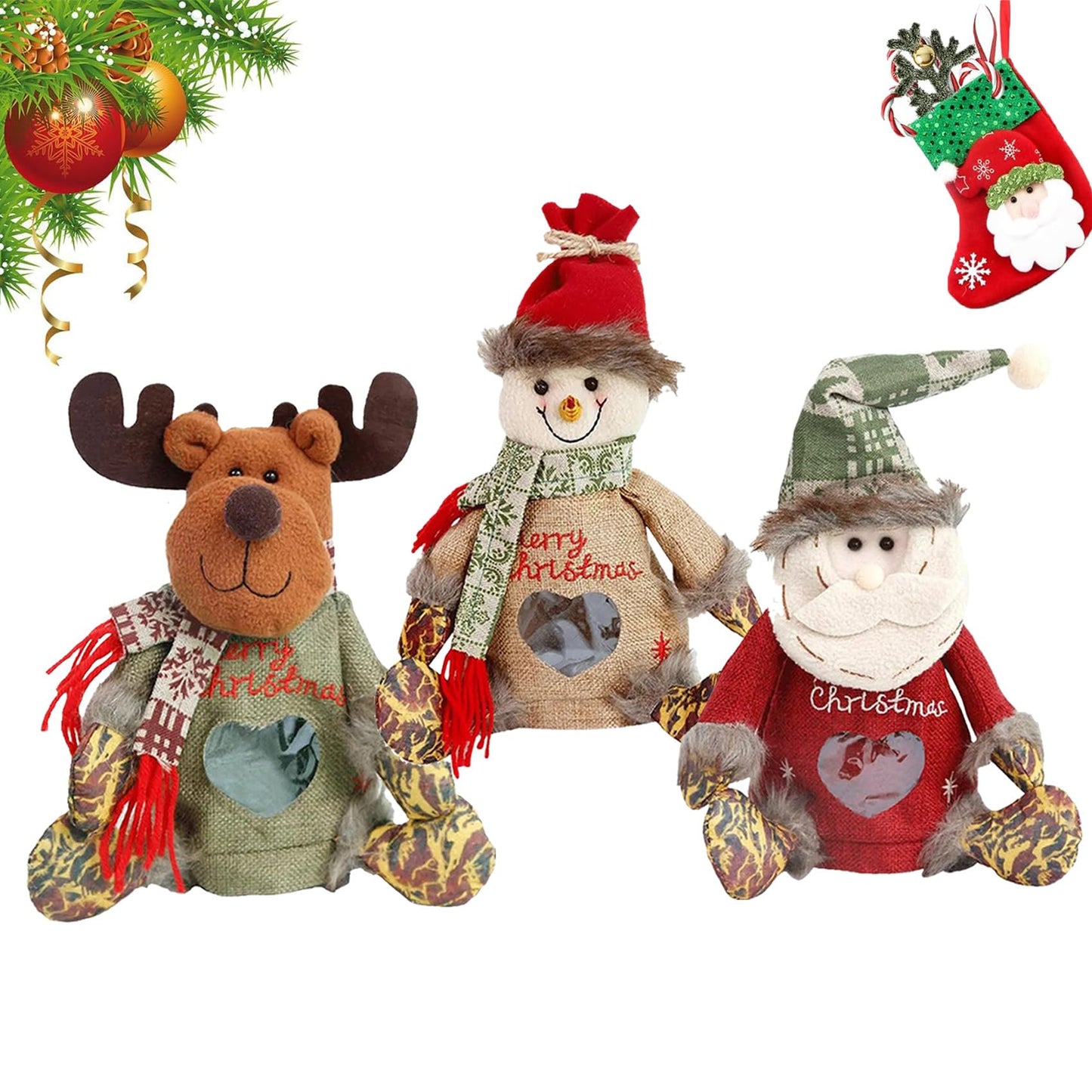 EZGHAR 2025 New Christmas Gift Bags Zipper Design, Christmas Gift Doll Bags, Small Fabric Gift Bags, Reusable christmas Bags with Santa Snowman Style for Presents Candy Fruit and Festival (3pcs)