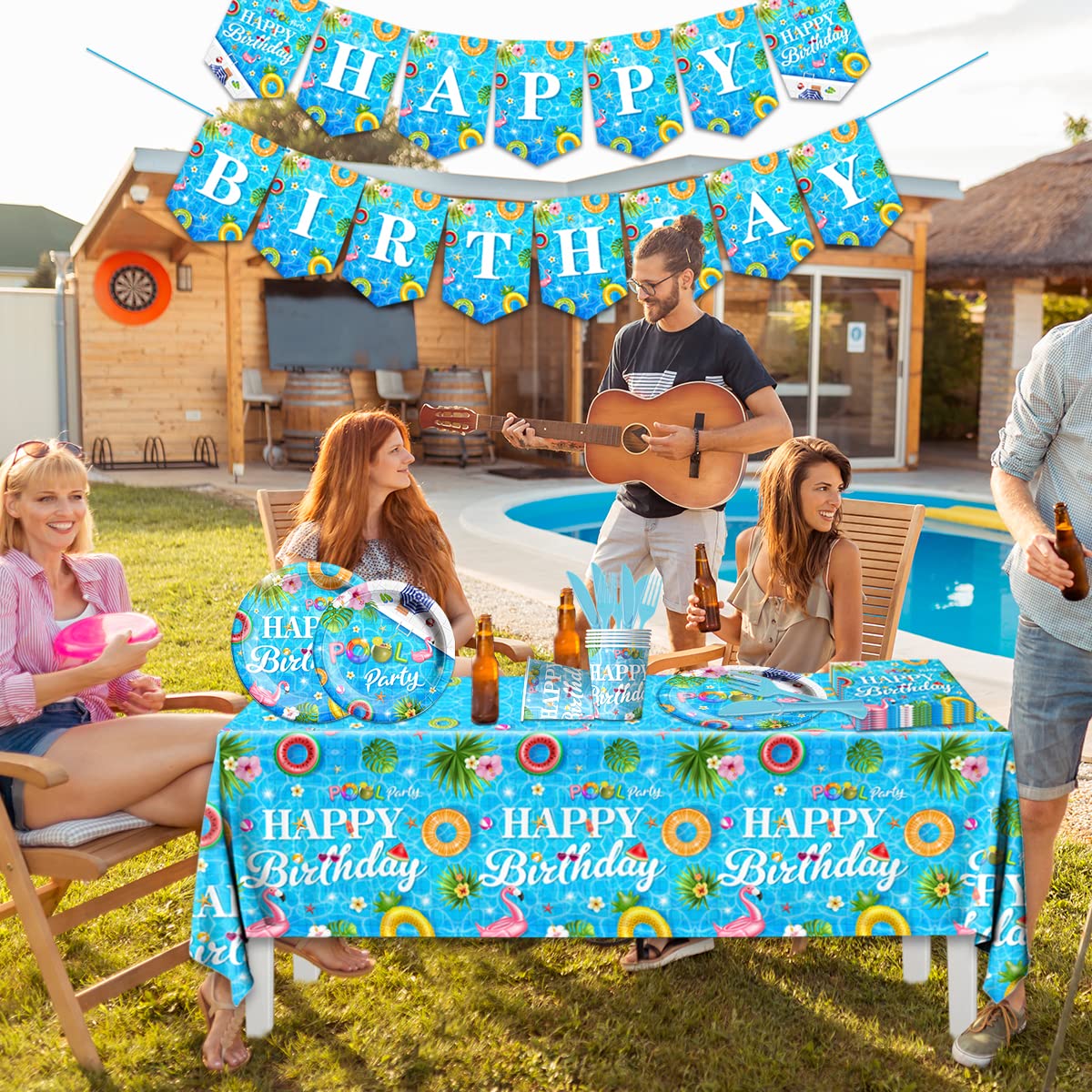 142 Pieces Pool Birthday Party Supplies - Summer Pool Tableware Set Plate,Cups,Tablecloth for Summer Pool Birthday Party, Hawaii Holiday Decorations