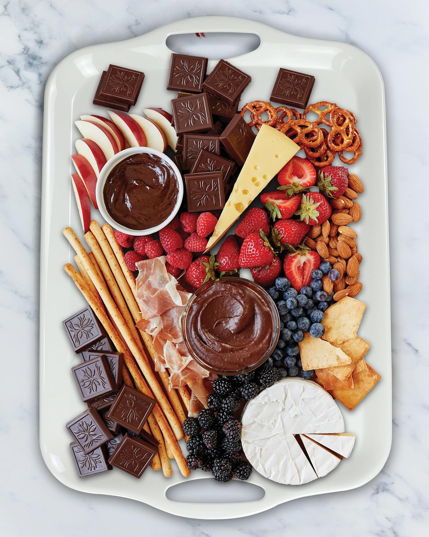 Czlizdyt Large Melamine Serving Tray with Handles, 17.5 x 12 in Rectangular Melamine Serving Platter, Dishwasher Safe Trays for Eating, Appetizer, Charcuterie, Snack, Fruit, Desserts, Set of 2, White