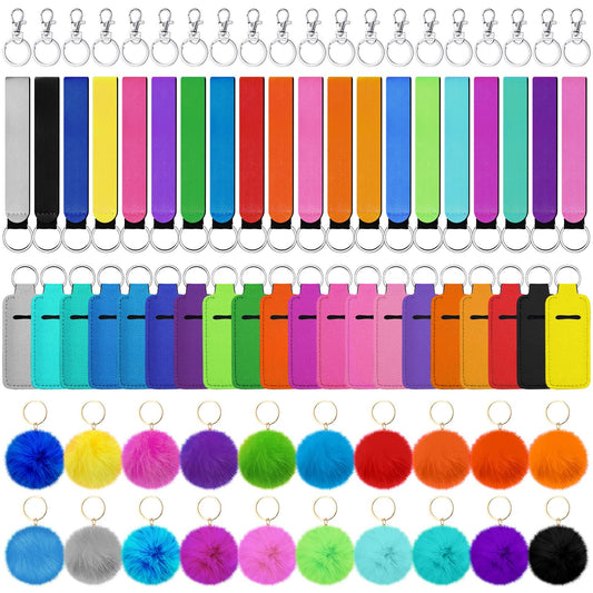 Tudomro Lipstick Holder Keychain Poms Keychains Bulk Lip Balm Holder Set Include Colorful Wristlet Key Rings Ball Metal Key Rings for Lipstick Lanyards Women(Bright Color,20 Sets)