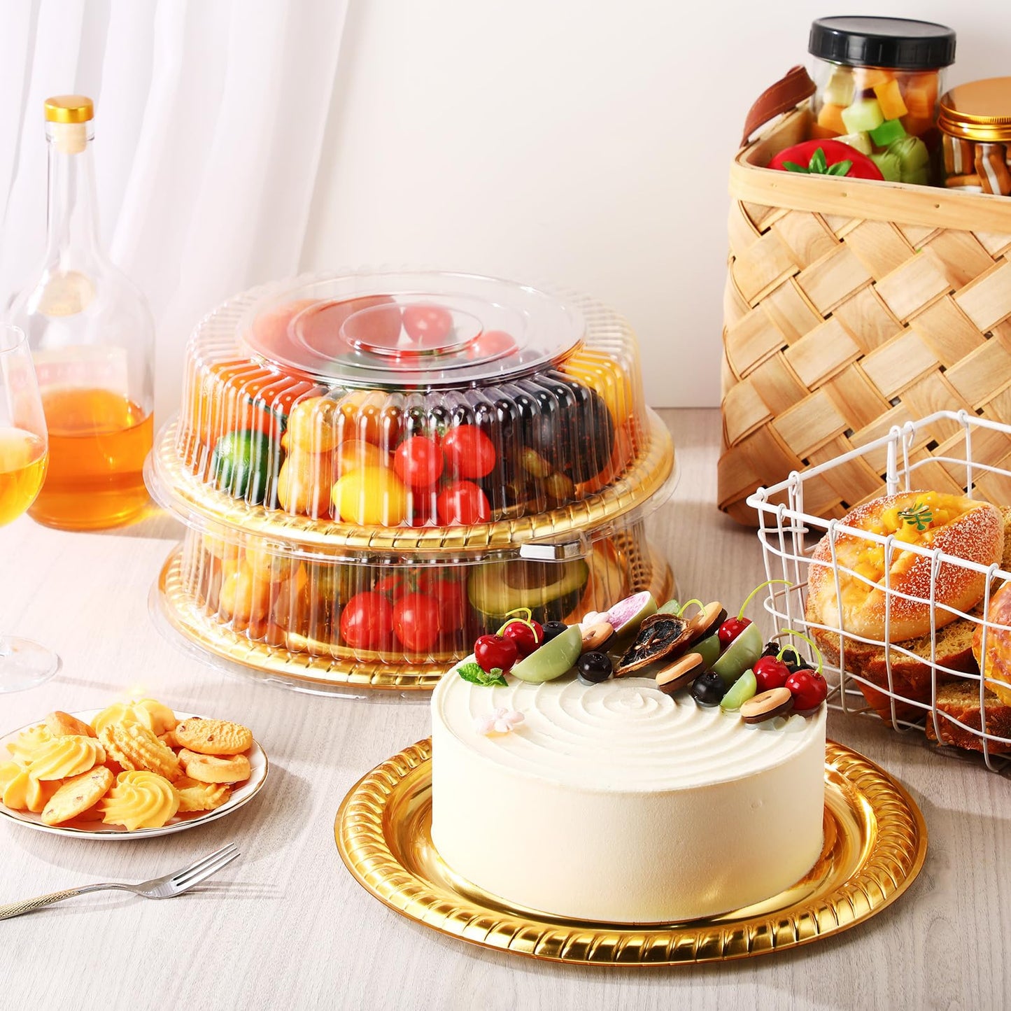 Nitial 12 Pcs Plastic Serving Tray with Lid Heavy Duty Elegant Platters Gold Catering Trays Round Stackable Disposable Containers with Clear Lids for Party Fruit Cake Sandwich Takeout Food (12 Inches)
