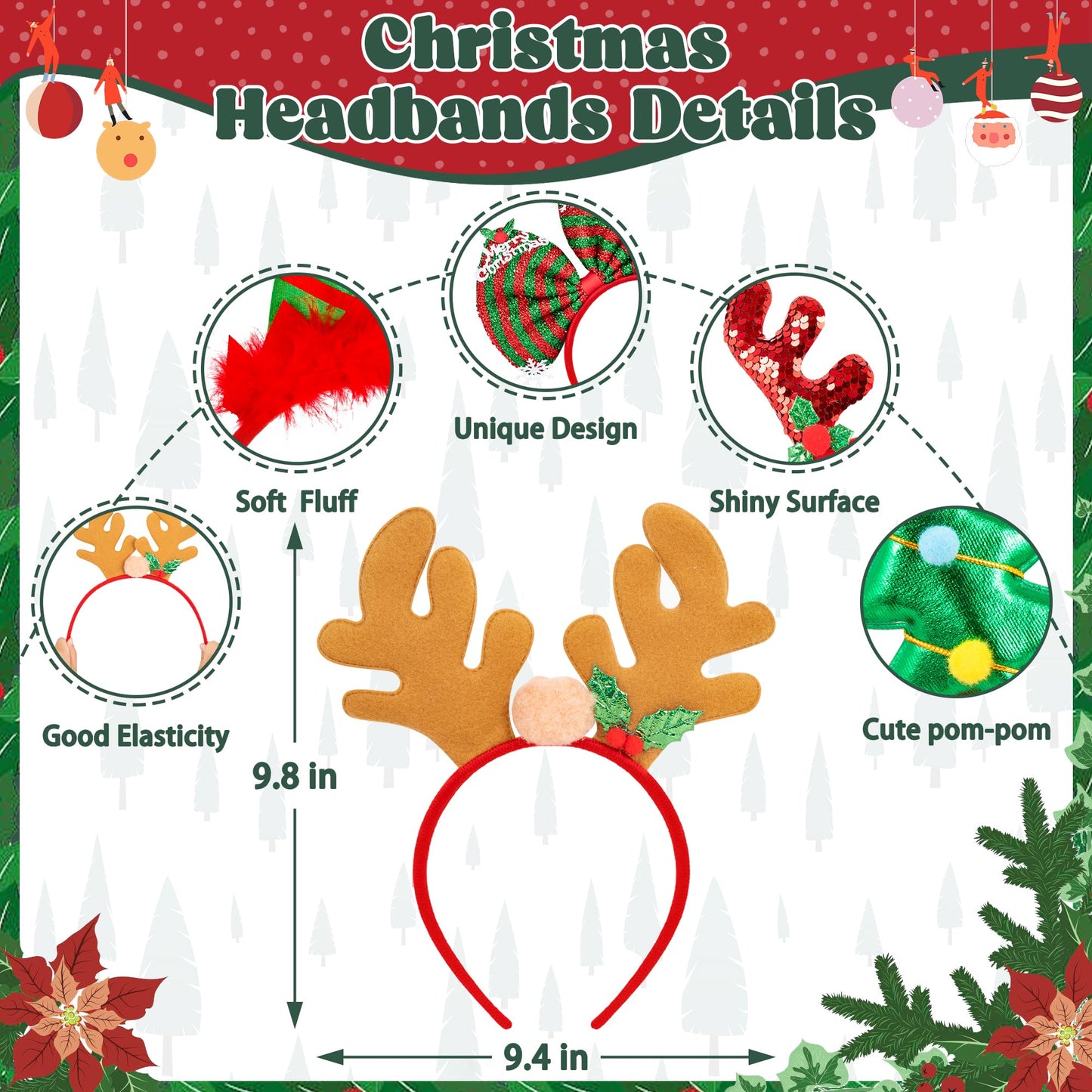 HOVACY 12 Pieces Christmas Headbands, Cute Christmas Head Toppers, Various Design Santa Hat Christmas Tree Snowman Reindeer Antler Headwears for Christmas Party Favors, Christmas Decorations