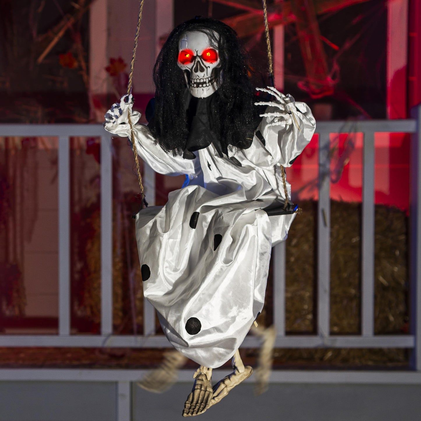 JOYIN 31" Halloween Animatronics Decorations Scary Swinging Clown, Outdoor Hanging Skeleton with Light-up Eyes and Kicking Legs, Sound Activated Ghost Decor for Haunted House, Lawn, Yard, Patio