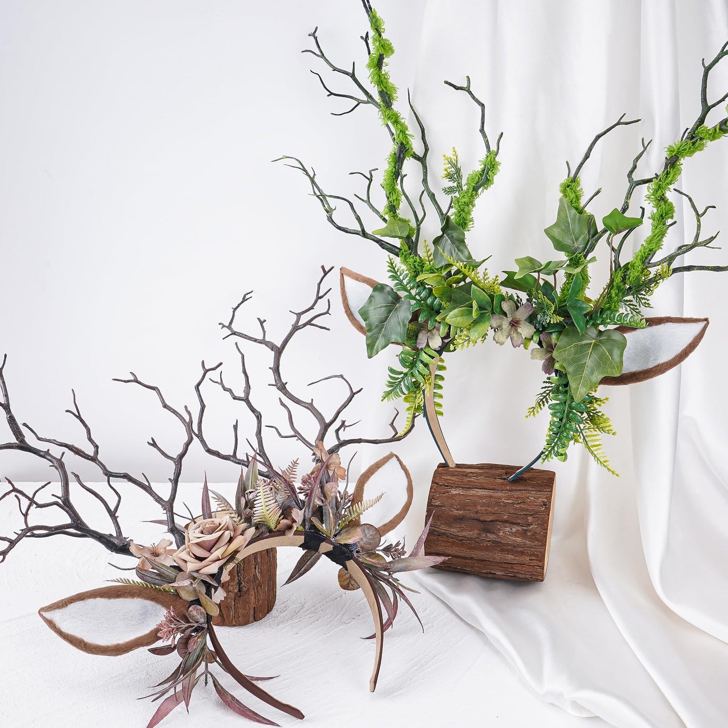 MOSTORY Flower Reindeer Ear Headband - Brown Branch Antlers Headband for Renaissance Deer Costume Women, Floral Antler Hairband for Renfaire Accessories Cosplay Fantasy Photo Shoot