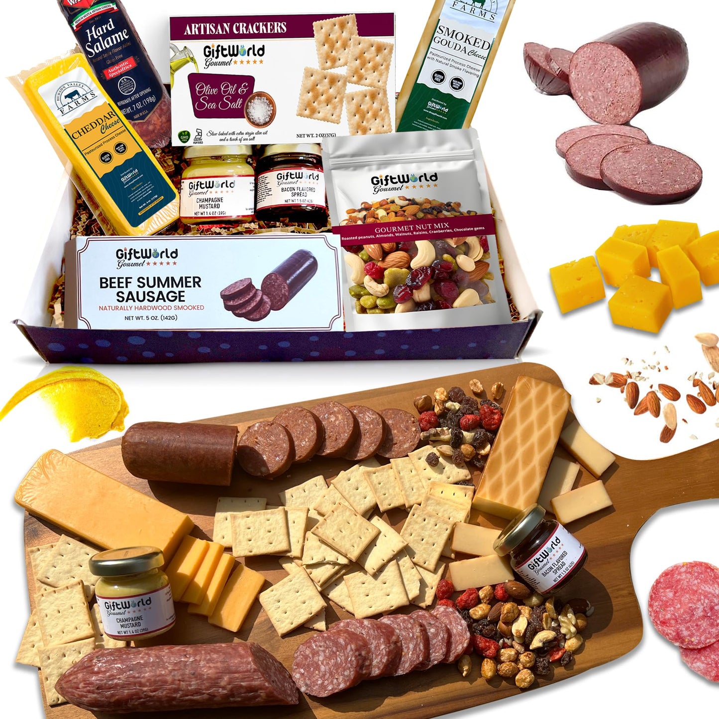 GiftWorld Beef Summer Sausage Charcuterie Cheese Gifts Basket, Charcuterie Food Items, Meat and Cheese Gift Baskets, Food Gifts for Men and Women, Meat Sampler For Men, Business, Fathers Day
