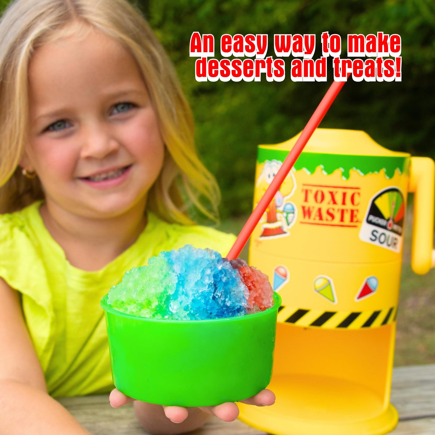 TOXIC WASTE Sour Snow Cone Bundle – Mini Manual Ice Shaver Machine bundled with 3 Bold Syrups (Cherry, Blue Razz, Green Apple) – No Electricity Needed, DIY Stickers, Cups Included – Fun for Kids & Par