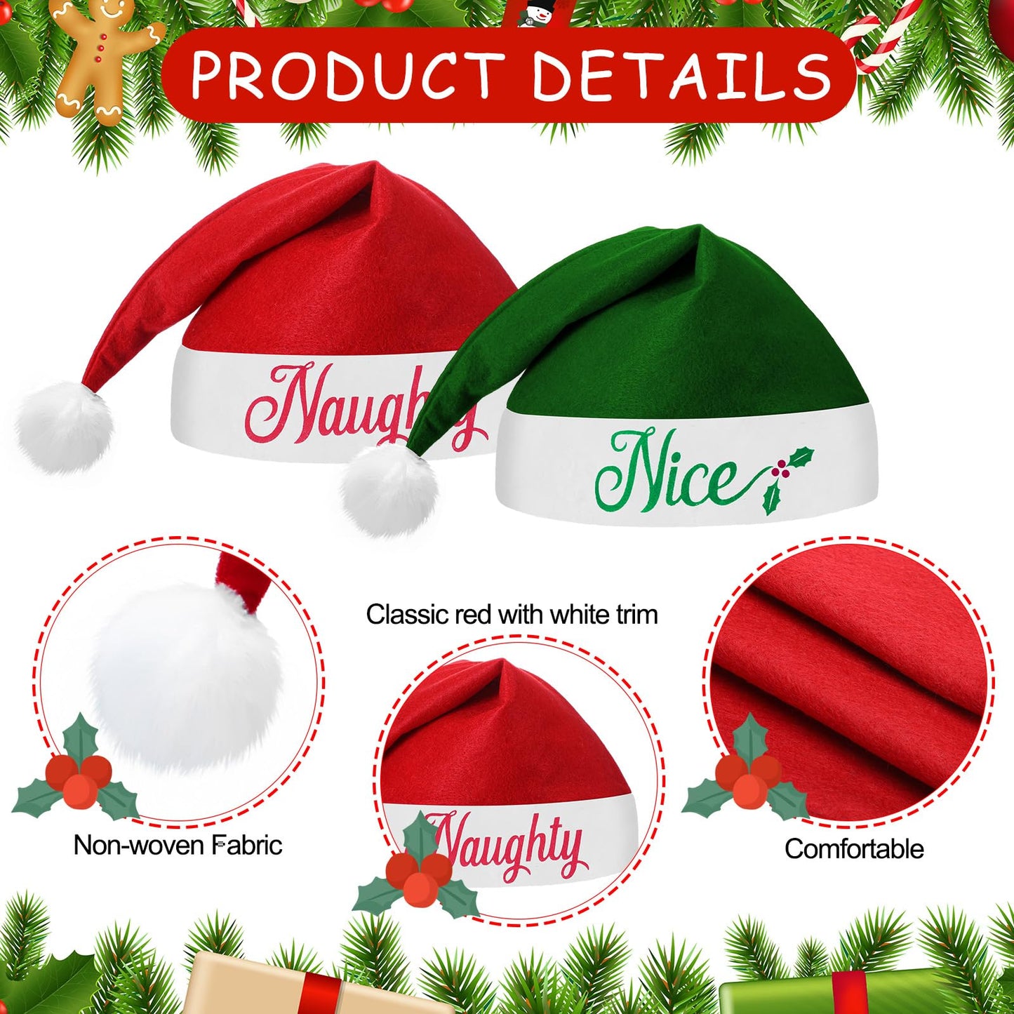 Shinymoon 24 Pieces Christmas Santa Hats Non Woven Fabric Naughty and Nice Santa Hats for Adult Men Women Kids Party Holiday (Red Color, Green Color)