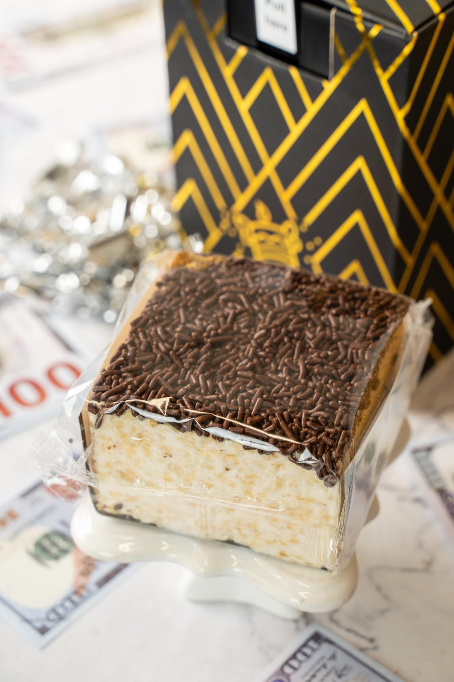 Luxe Billionaire Box featuring Shooting Birthday Bills. Ready to Gift, No Assembly Required with Music, Sweet Caramels & Delicious 3" Chocolate Sprinkle Crispy Cake for Delivery – Birthday Gift for Women, Men, Sister, Mom, Dad, Best Friend, Adults, Kids