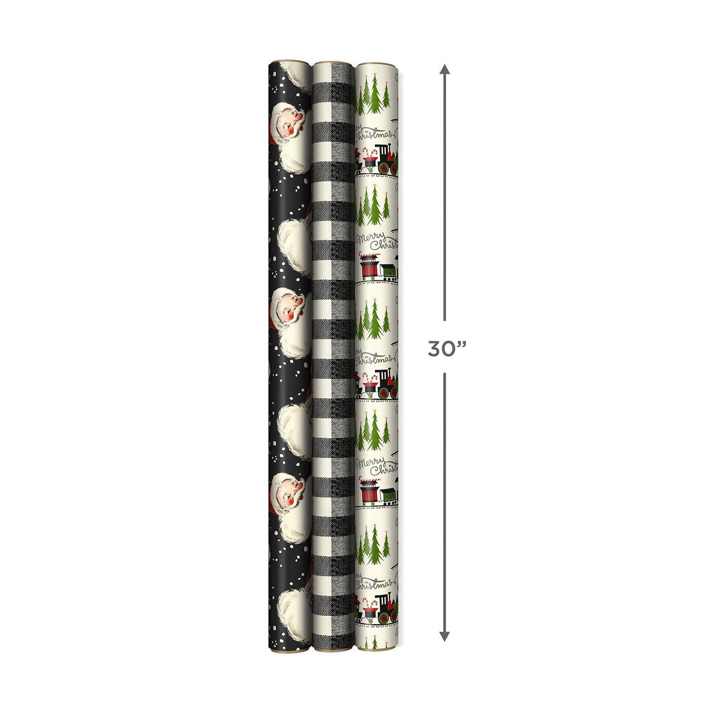 Hallmark Black Christmas Wrapping Paper with Cut Lines on Reverse (3 Rolls: 120 sq. ft. ttl) Retro Santa, Black and White Buffalo Plaid, Train and Trees (0005JXW1077)