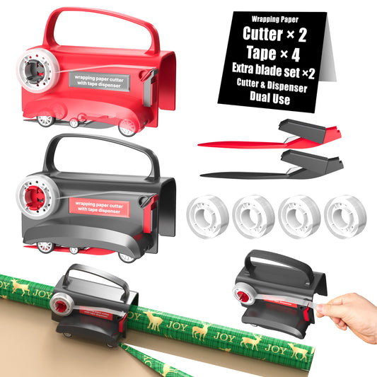 Wraprocut (2-Pack) Wheel Wrapping Paper Cutter & Tape Dispenser with 4 Tapes，2 Replace Blades Kit for Christmas Gift Wrap Cutter Tool Paper Roll Holder Tube Sliding Slicing for Birthday Holiday.