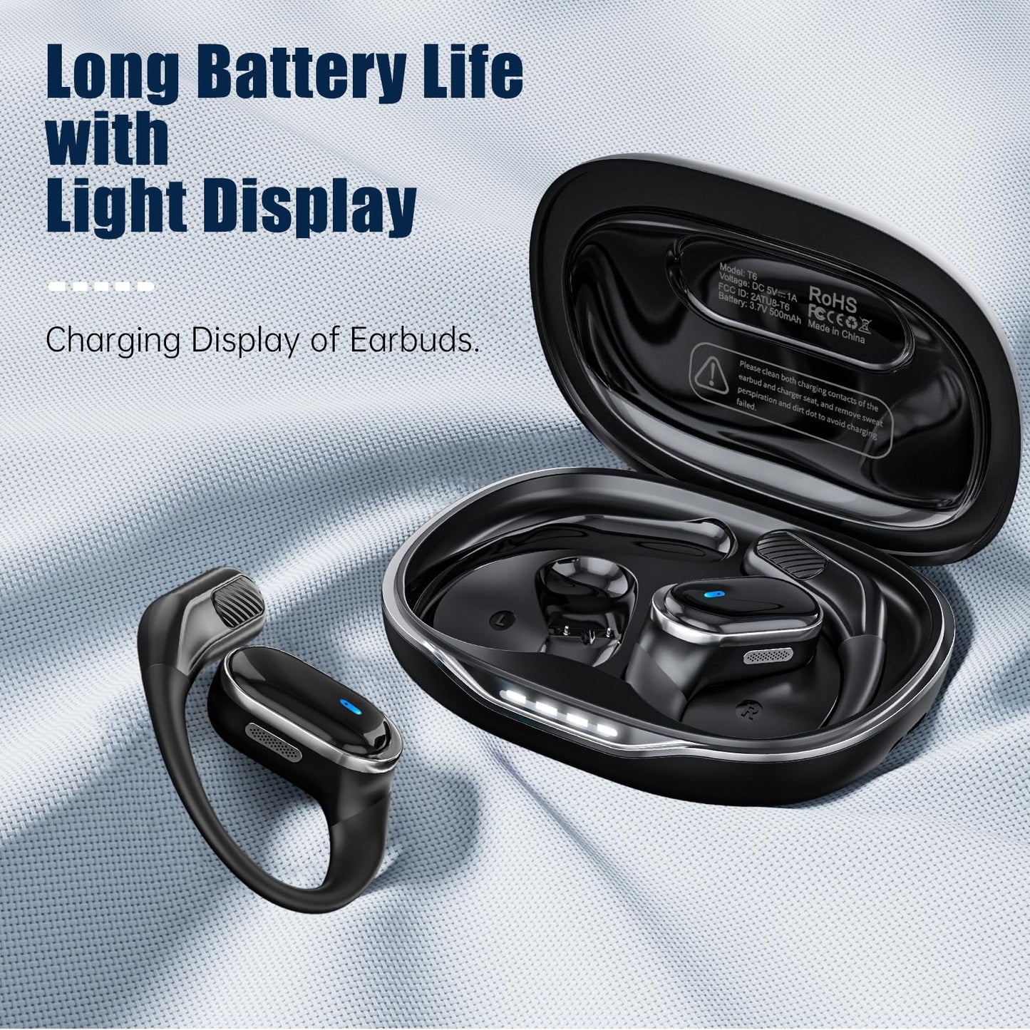 TRAUSI Open Ear Wireless Earbuds Bluetooth Headphones, 50Hrs Playtime Stereo Sound Earphones with IPX7 Waterproof Ear Buds for Fitness/Workouts/Travel