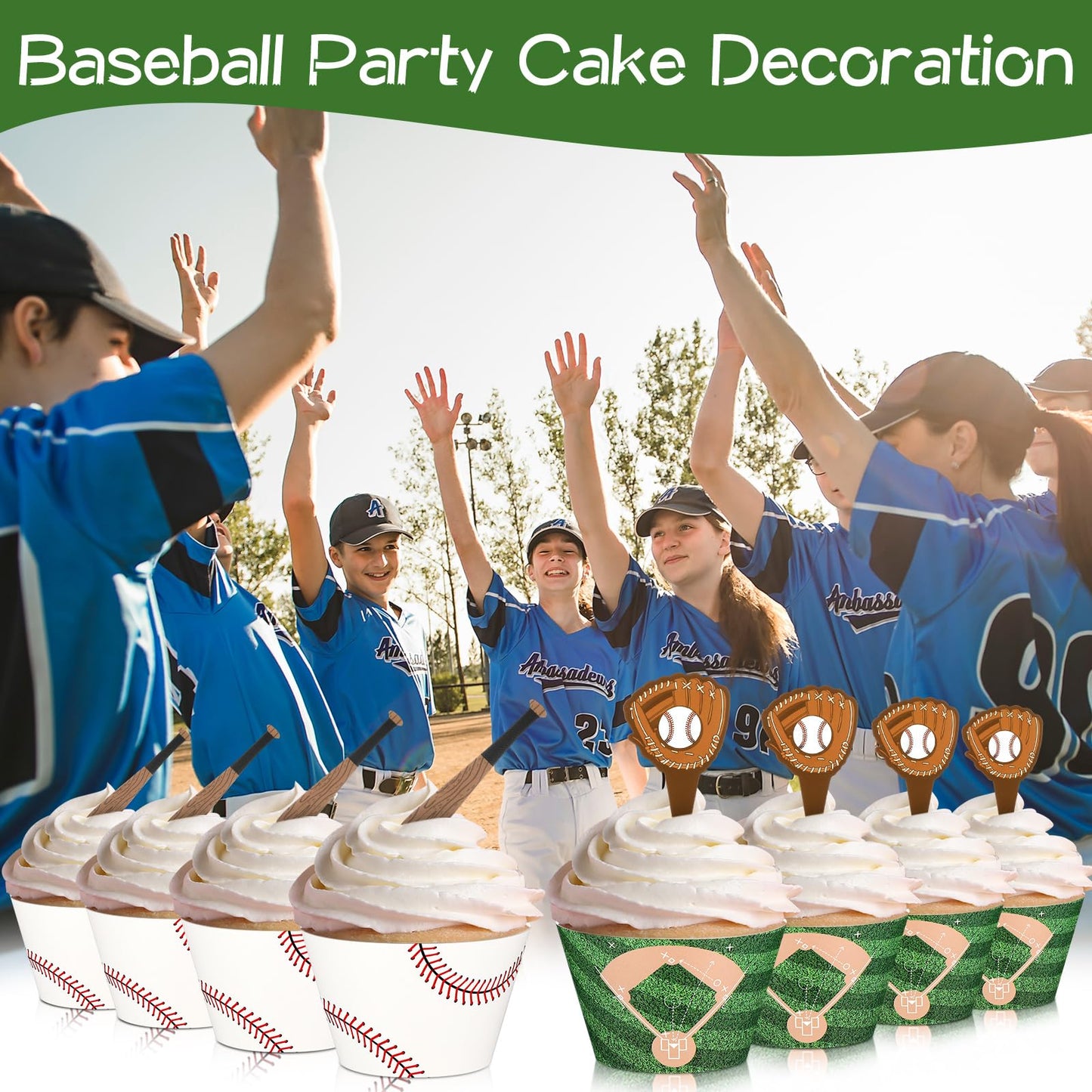 Geiserailie 100 Sets Baseball Cupcake Toppers and Wrappers Liners Baseball Party Decorations Sport Party Cake Supplies for Sport Themed Birthday Baby Shower Decorations Supplies
