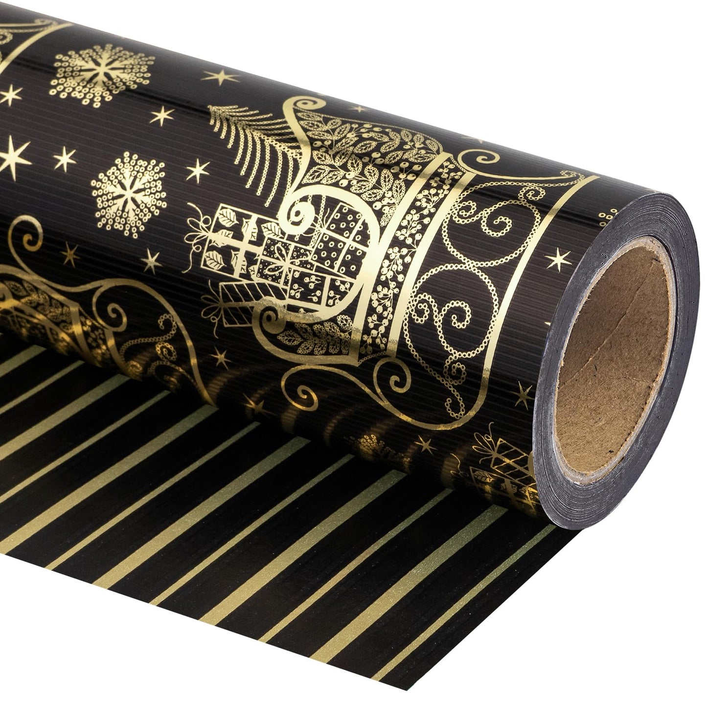 WRAPAHOLIC 30 Inch Jumbo Reversible Black and Gold Christmas Wrapping Paper - 30 Inch x 33 Feet - Black Gold Sleigh and Stripe Wrapping Paper with Metallic Foil for Christmas, Holiday, Party