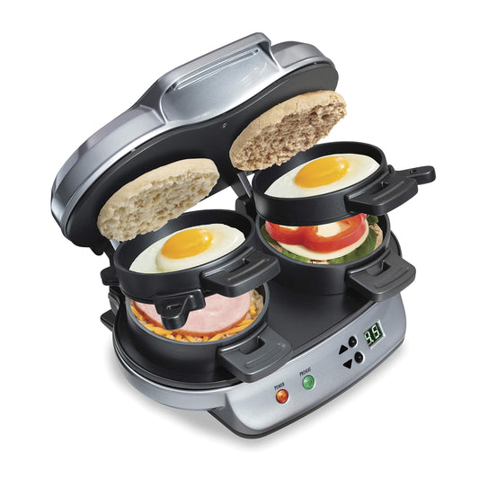 Hamilton Beach Dual Breakfast Sandwich Maker with Timer, Ready in 5 Minutes, Removable Dishwasher Safe PFAS-Free Non-Stick Egg Cooker Ring, Silver (25490MNA)