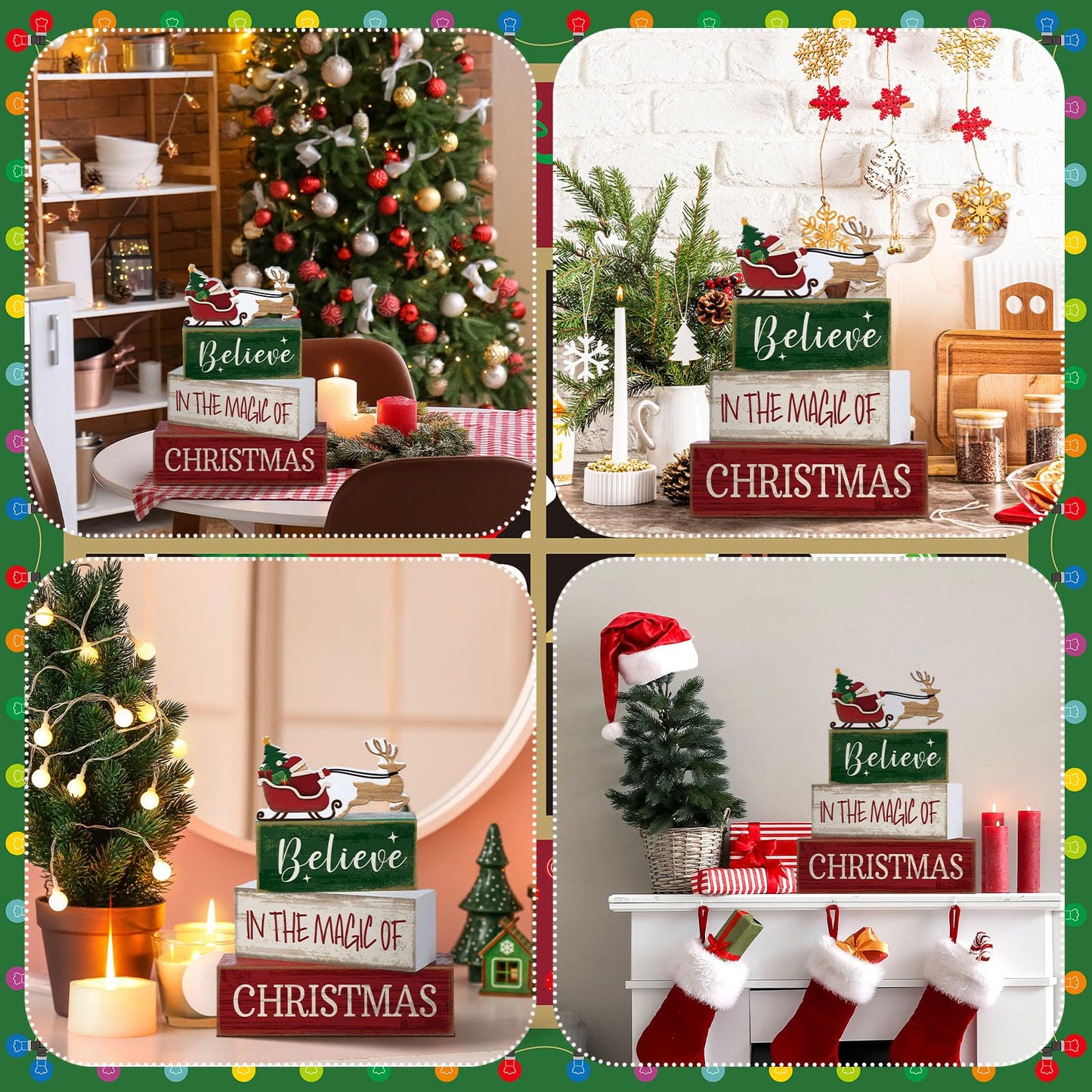 Lineshading 4 Pcs Christmas Table Decoration Wooden Santa Claus Decor Christmas Tiered Tray Decor Decorative Santa Claus Elk Block Sign Gift Farmhouse Xmas Table Centerpiece for Home Kitchen Shelf