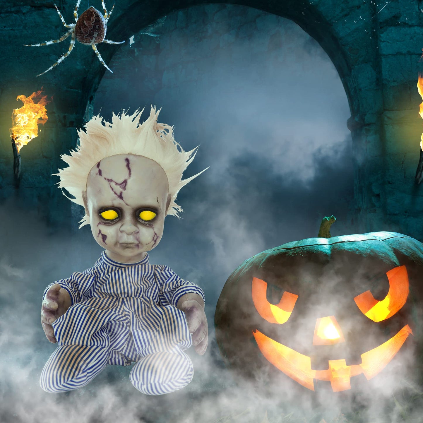 EVAPLUS 11inch Halloween Haunted House Crying Baby Terror Decoration Toy, Animatronic Roaming Creepy Doll Halloween Decoration,Haunted Sound Activated Holiday Prop with Battery Operated Control