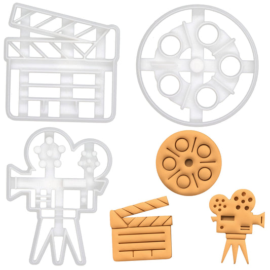 Set of 3 Movie themed cookie cutters (Designs: Movie Reel, Video Camera, and Clapboard), 3 pieces - Bakerlogy