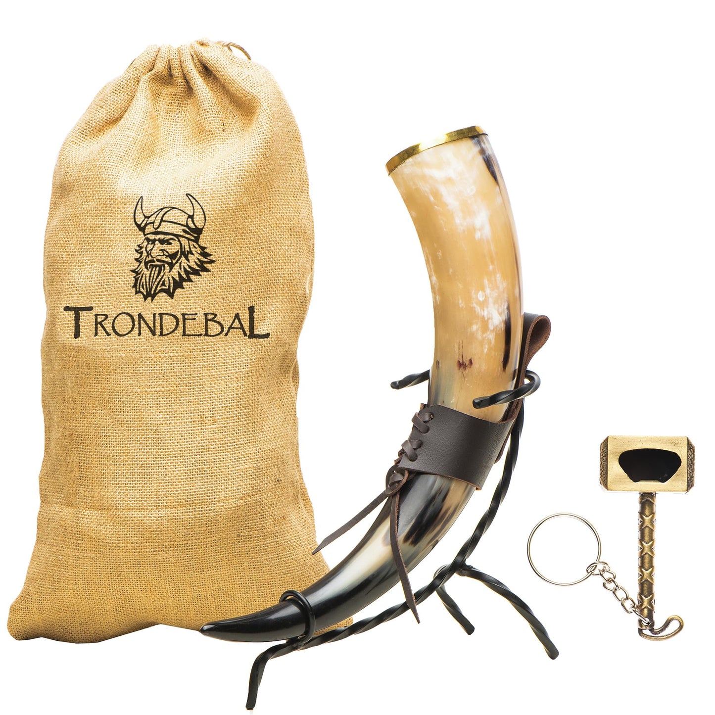 Trondebal Viking Drinking Horn 15-20 oz with Metal Stand | Hand-Crafted Ox Horn Cup for Mead, Ale, Beer | Medieval Norse Gift & Home Bar Décor, Food-Safe Lacque Unique Beer Gift for Men and Women