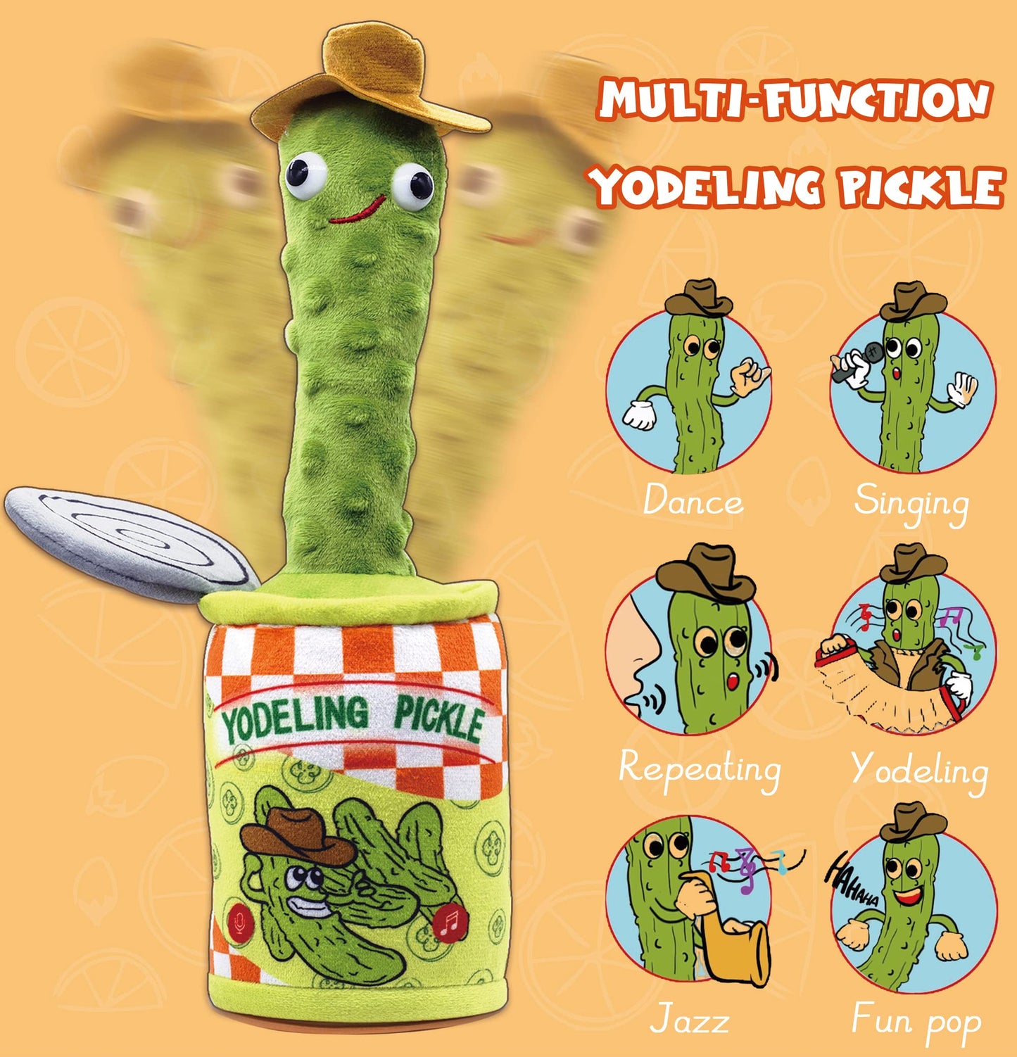 Yodeling Pickle, Talking Yodeling Toy Repeats What You Say, Singing Pickle Plush Toys - Rechargeable Twisted Mimicking Toy Singing Dance, Funny Prank Novelty Gag Gifts for Adults & Kids
