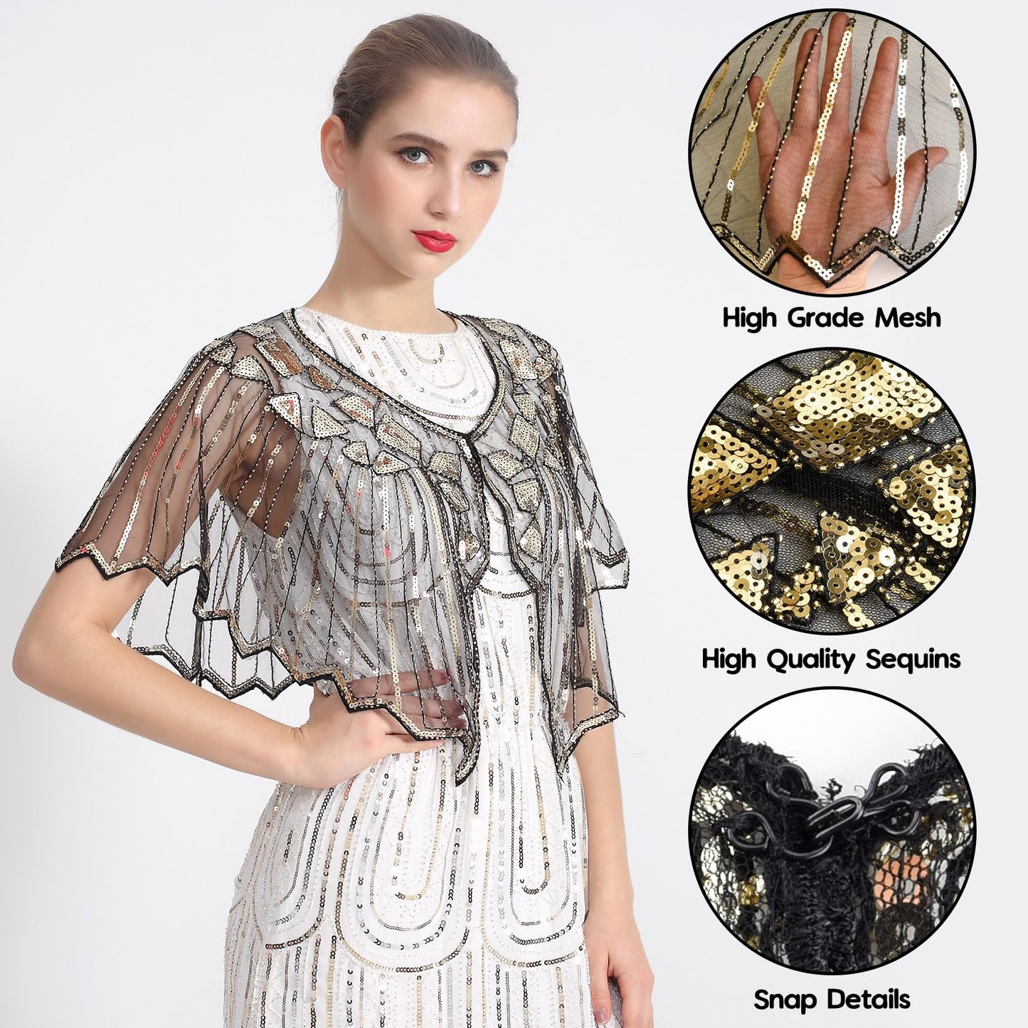 ELECLAND 10 Pieces 1920s Flapper Accessories Set Fashion Roaring 20's Theme Set with Headband Headpiece Long Black Gloves Necklace Earrings for Women (Black Gold)