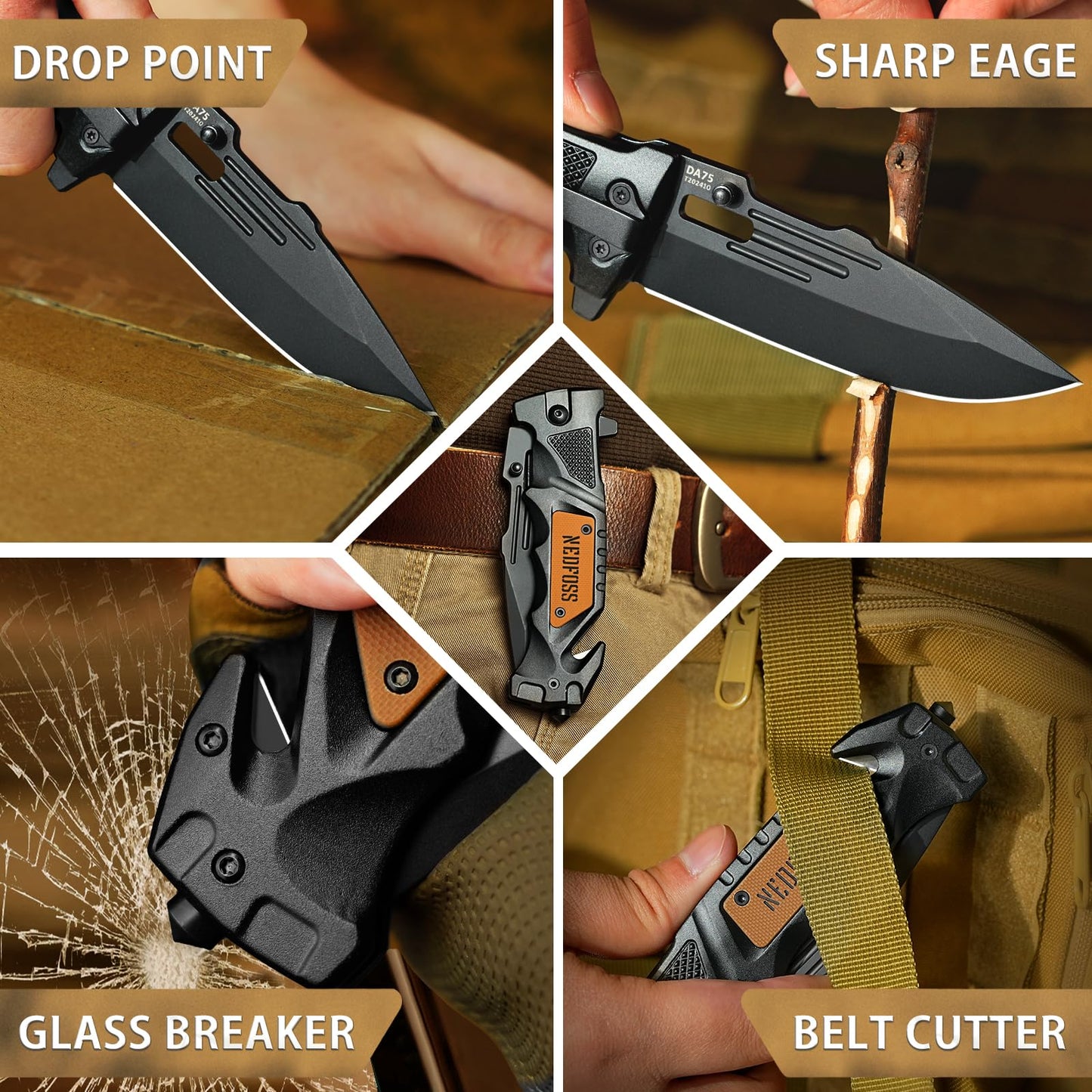 NedFoss Pocket Folding Knife DA75, 3 in 1 Pocket Knife for Men, Survival Knife with Liner-Lock Belt Clip, Seat Belt Cutter, Glass Breaker, Hunting knife for Camping Hiking