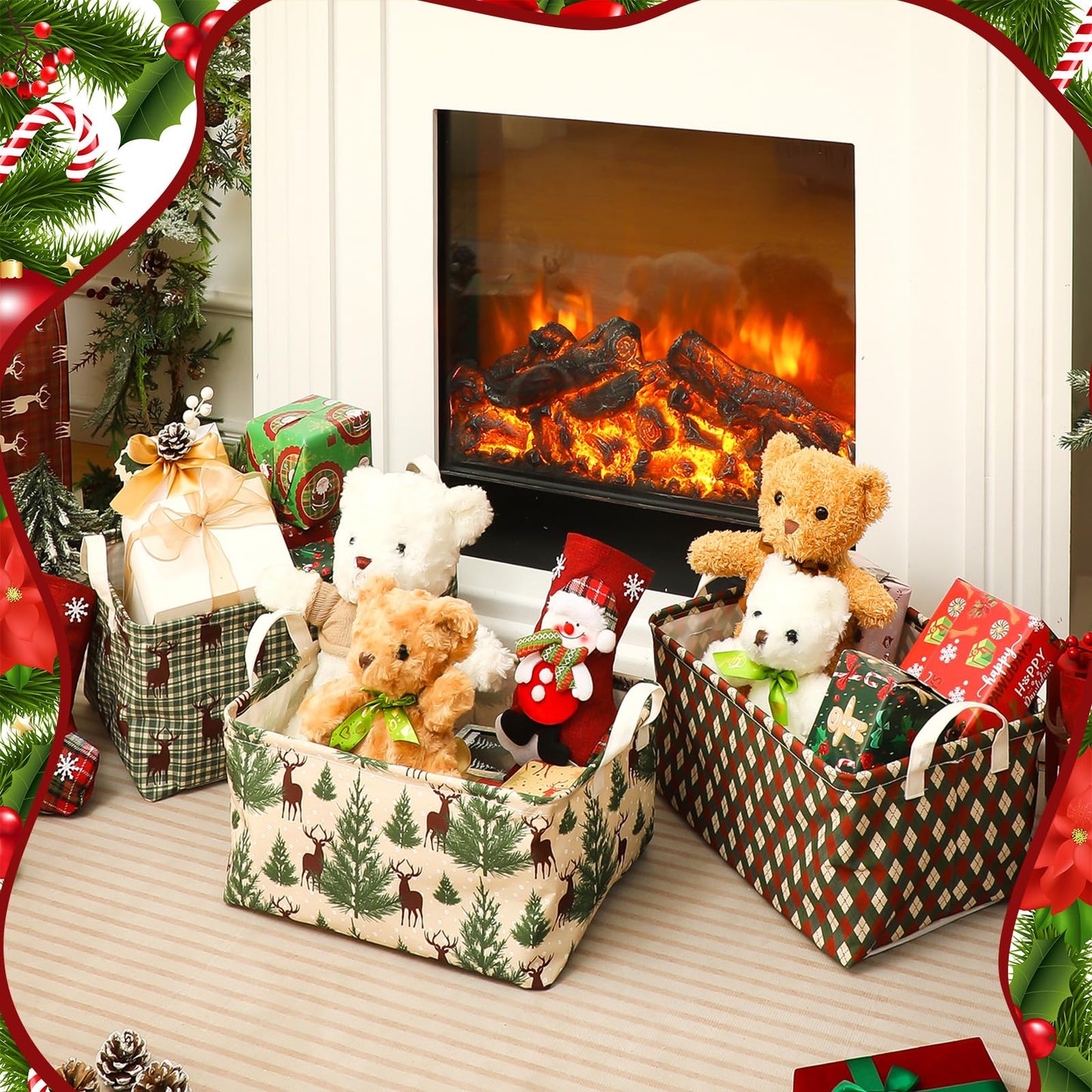 Boao 6 Pack Christmas Storage Bin Collapsible Large Christmas Storage Baskets for Gifts Canvas Laundry Basket Foldable Box with Handle for Office Home Bedroom Clothes