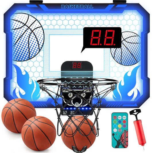 VROGTIK Indoor Basketball Hoop for Kids with Led Lights Mini Basketball Hoop with Remote Control Over The Door Basketball Hoops with Scoreboard Basketball Toys for 4-12 Year Old Boys Girls