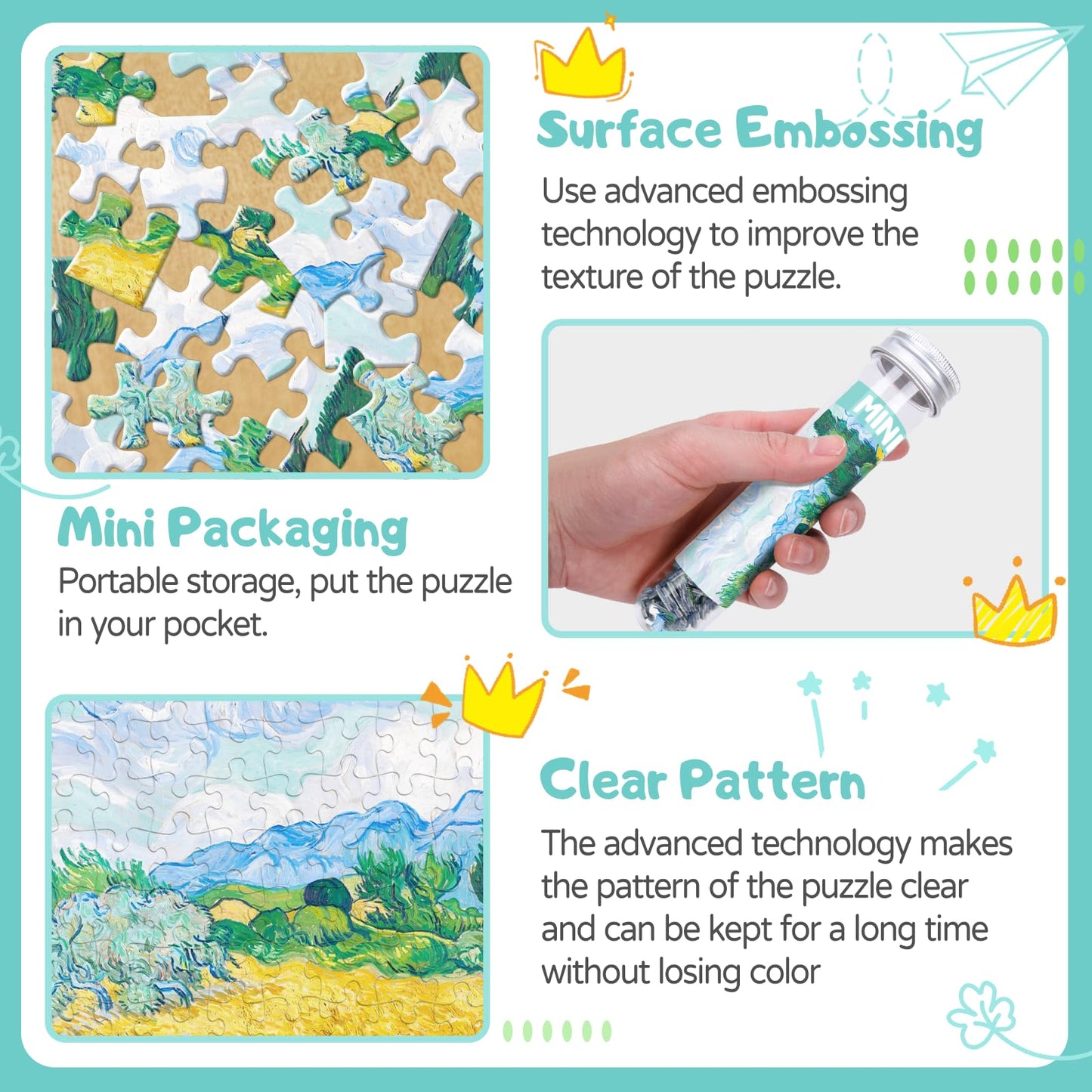 150 Pieces Mini Jigsaw Puzzles for Adults & Kids, 6" x 4" Small Jigsaw Puzzles Capsule Tube Jigsaw Puzzles Intelligent Game, Wheat Field with Cypresses Irises The Harvest (Wheatfields) 3 Pack