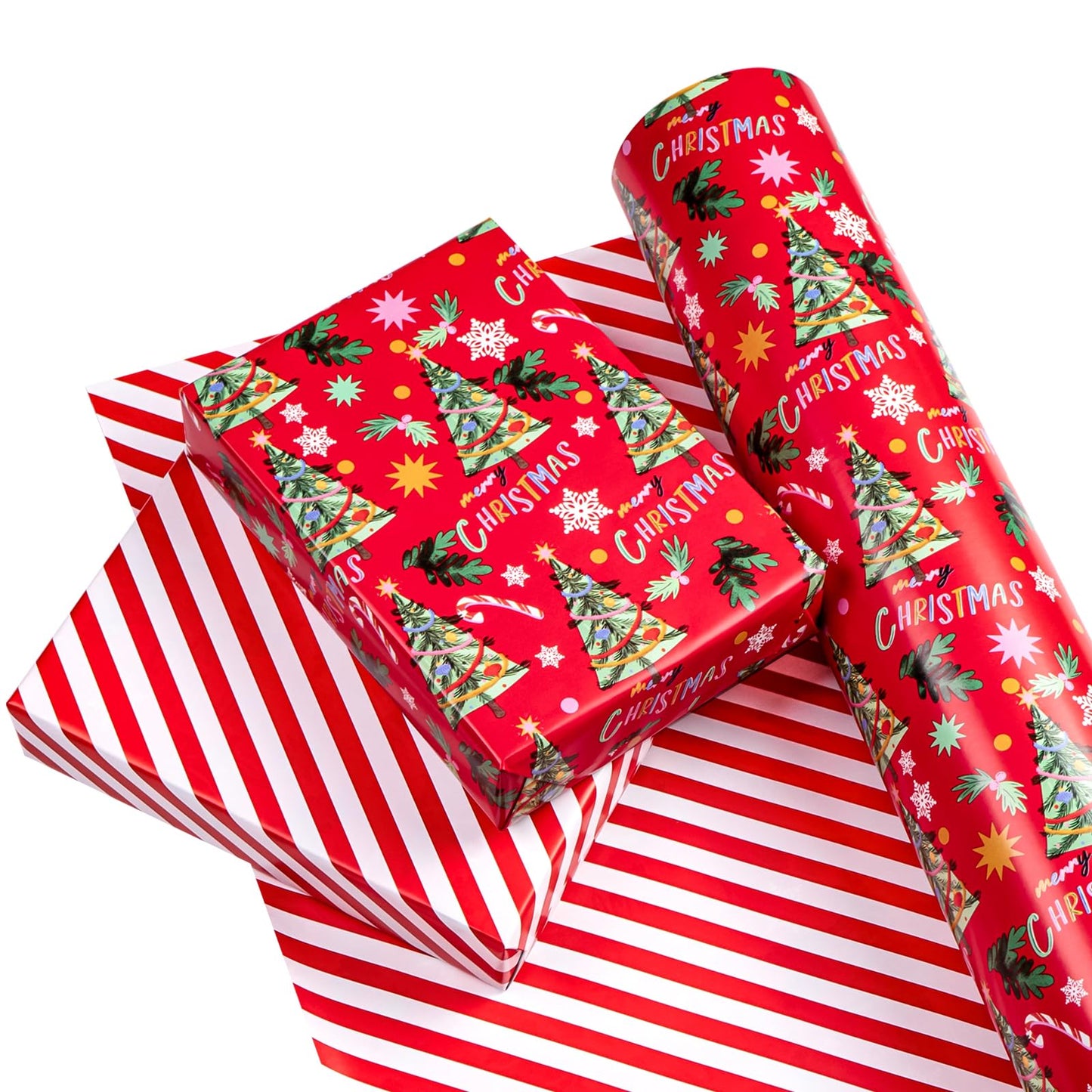 WRAPAHOLIC 30 Inch Jumbo Reversible Christmas Wrapping Paper - 30 Inch x 33 Feet - Red Christmas Tree Wrapping Paper and Stripe Design for Holiday, Party Celebration