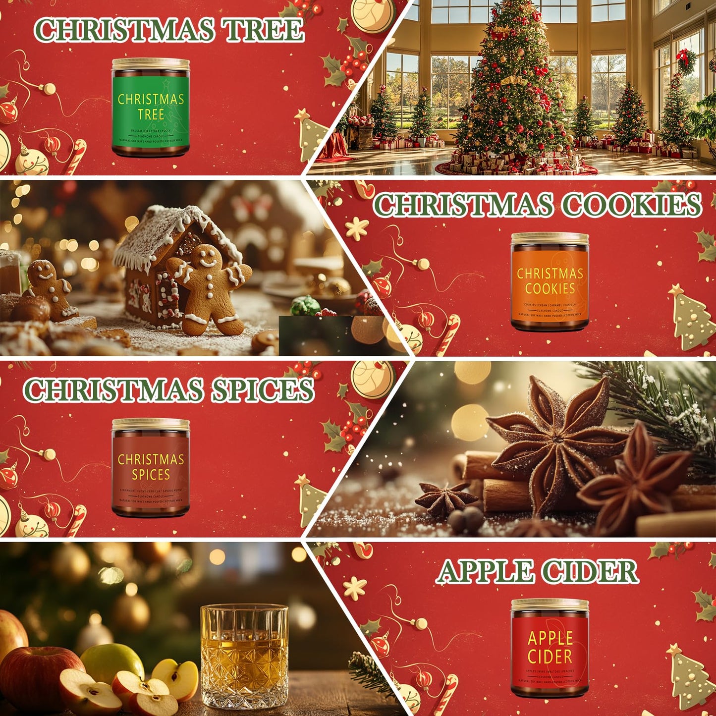 Christmas Candle Set | 4 Pack Scented Candles for Home | Holiday Gifts for Women & Men | Soy Candles with Scents of Christmas Tree, Cookies, Spices & Apple Cider