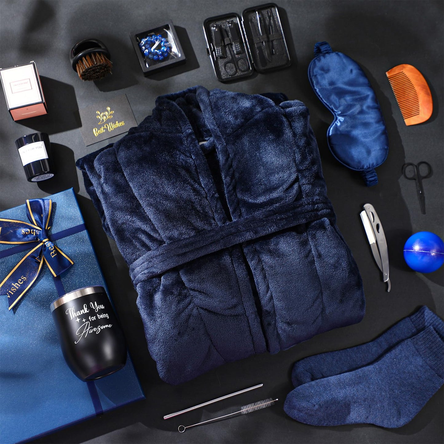Nuogo 15 Pcs Birthday Gifts for Men Beard Care Set for Him Christmas Gifts Basket Ideas Kit for Men Tumbler Bath Robe for Dad Husband Boyfriend Box Christmas Gifts Baskets(Navy)