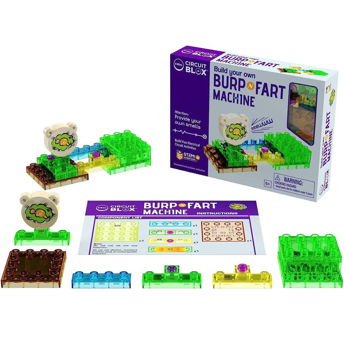 E-Blox Building Blocks STEM Circuit Kit, Build Your Own Burp & Fart Machine, Add Funny Sounds to Brick & Structure Science Projects, Birthday & Gag Gift, Boys, Girls, 5+