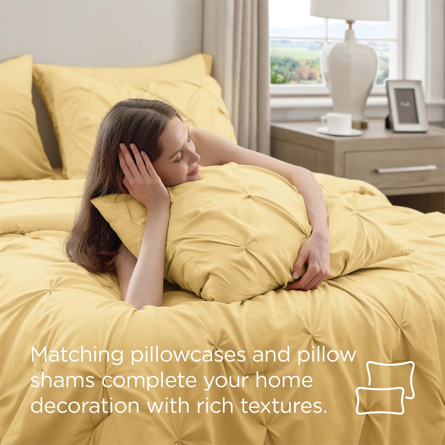 Bedsure Queen Comforter Set Yellow - Bed in a Bag Queen 7 Pieces, Pintuck Bedding Sets Gift for Christmas, Pinch Pleat Bed Set with Queen Size Comforter, Sheets, Pillowcases & Shams