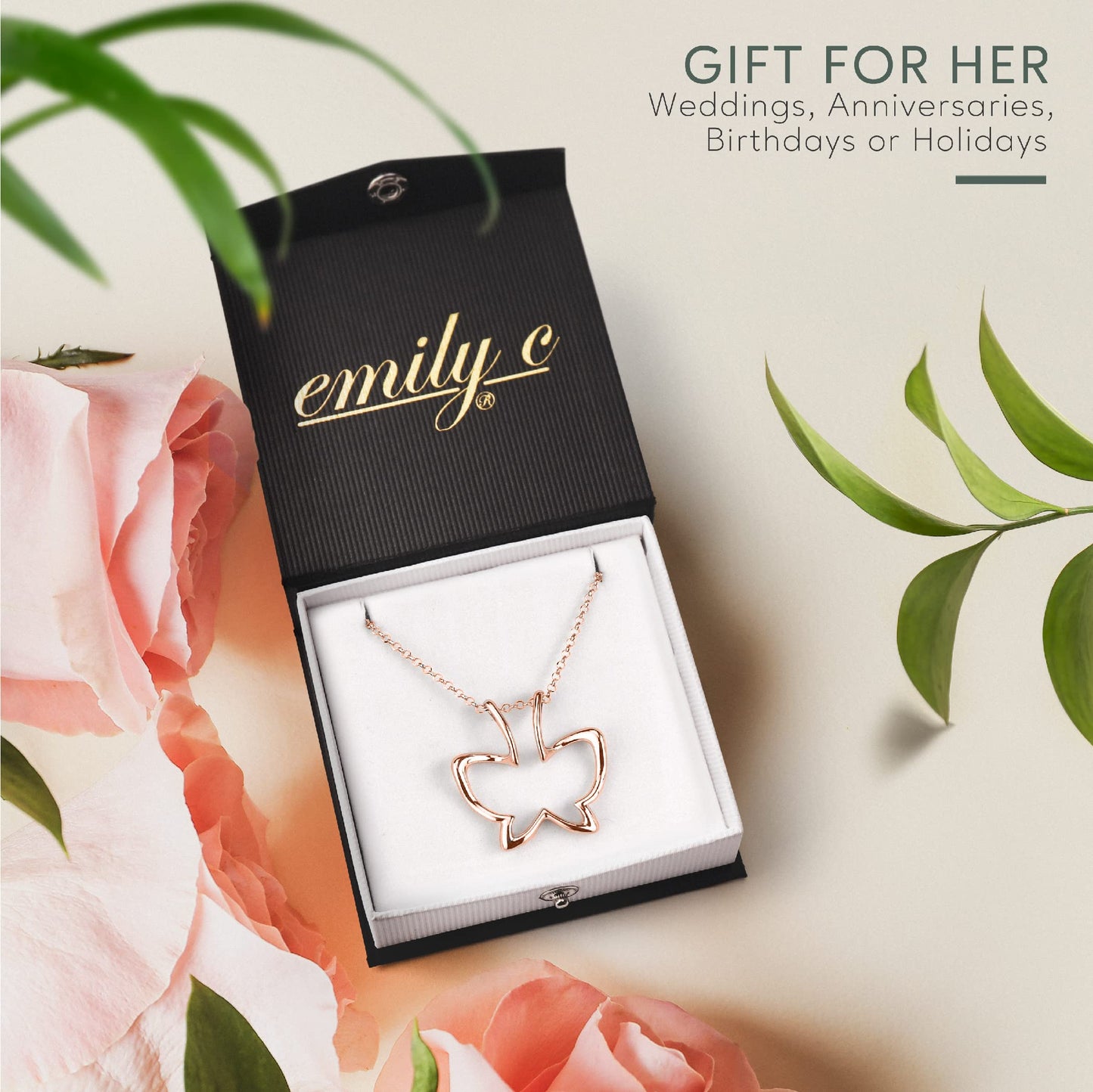 Emily C Ring Holder Necklace - Stainless Steel Necklace with Rose Gold Finish - Engagement Gift for Doctors & Nurses - Gift for Mom or Grandmother - Butterfly