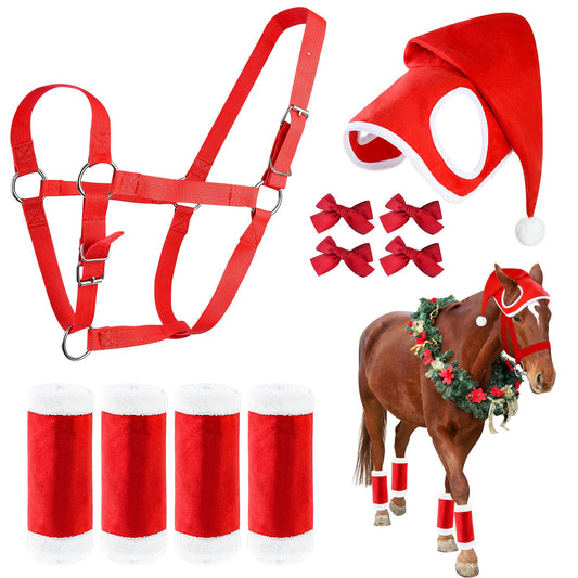Andy's 10 PCS Xmas Horse Costume Set - Red Santa Hat, Leg Wraps, Halter, Bow Ties For Horse Tails