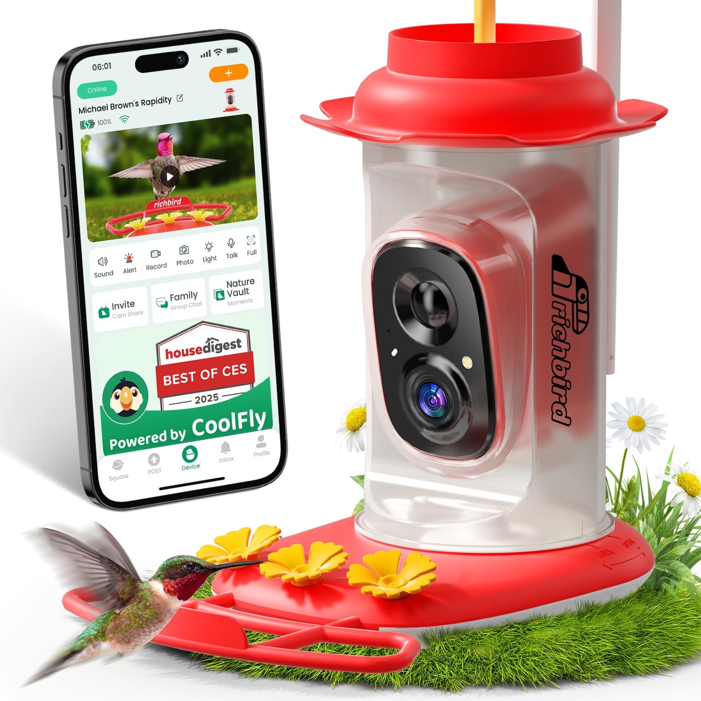 RichBird Smart Hummingbird Feeder with Camera Solar Powered, AI Identify, Instant Notification, Leakproof & Ant Moat, Outdoors Hanging, Idea Gift for Bird Lovers (20 oz)