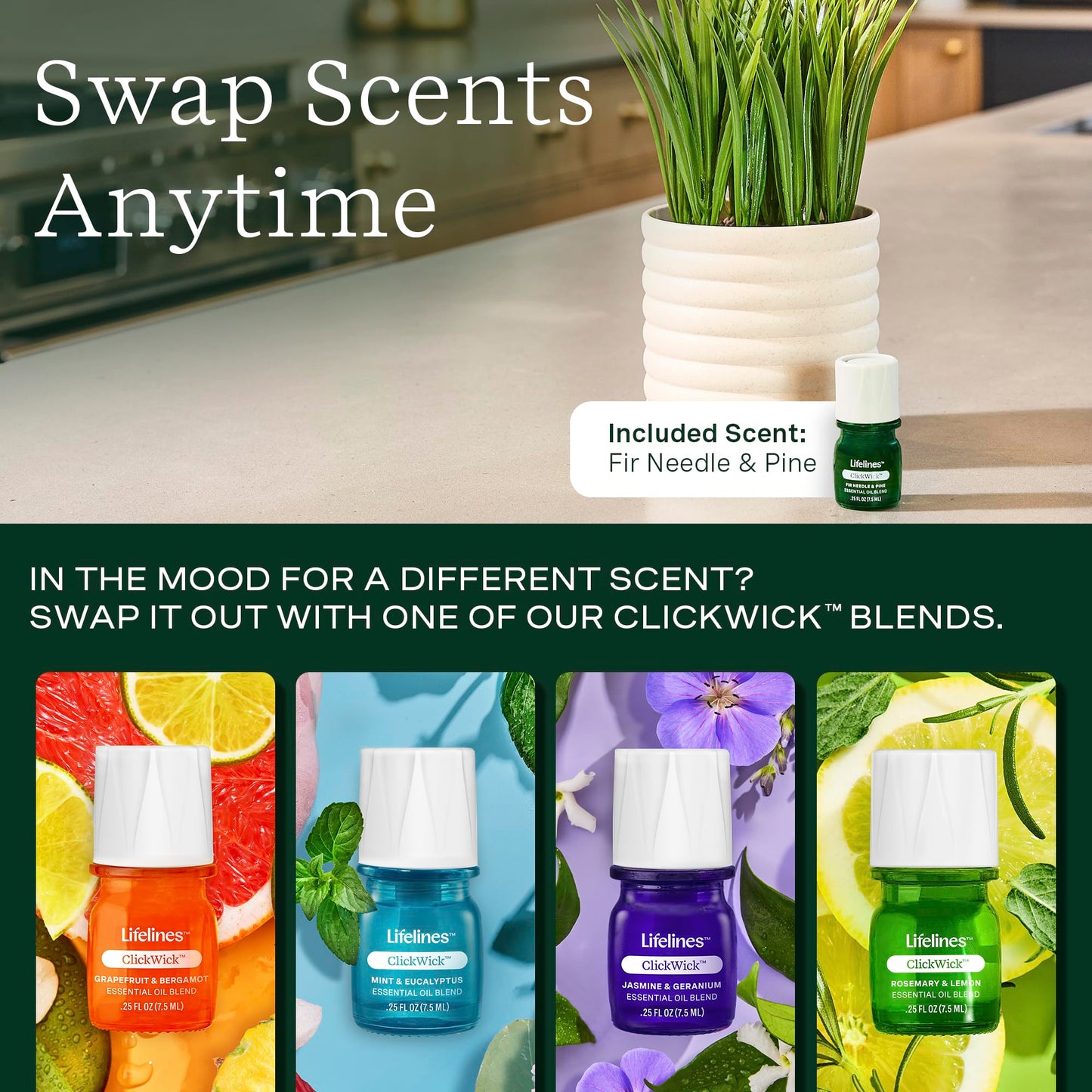 Lifelines Plant Diffuser with Modern Planter, Grass - Rechargeable Aromatherapy Diffuser, Artificial Faux Plants Home & Office - ClickWick Essential Oil Blend Included