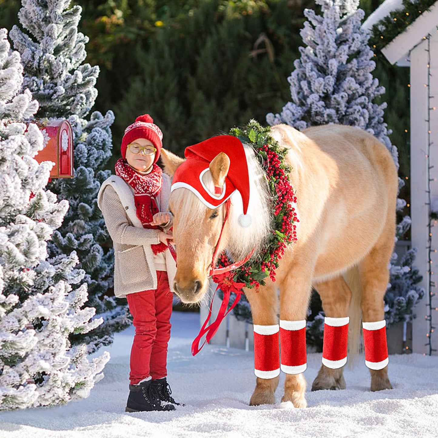 Andy's 10 PCS Xmas Horse Costume Set - Red Santa Hat, Leg Wraps, Halter, Bow Ties For Horse Tails