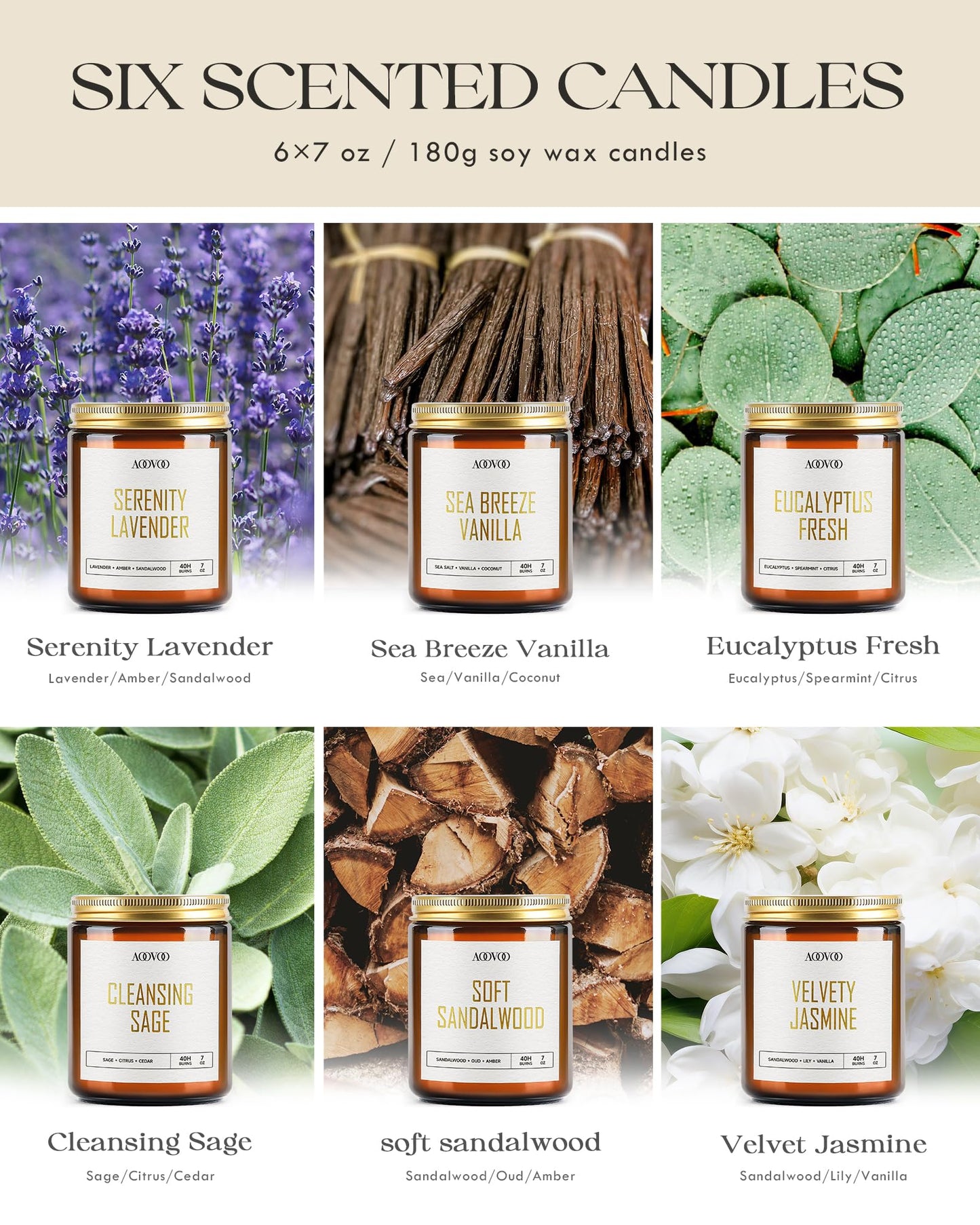 AOOVOO Candles Set - 6PC Scented Candles, Soy Candle, Aromatherapy Candle, Soy Wax Candle, Candle for Home Scented, Lavender/Vanilla/Eucalyptus/Sage/Jasmine/Sandalwood