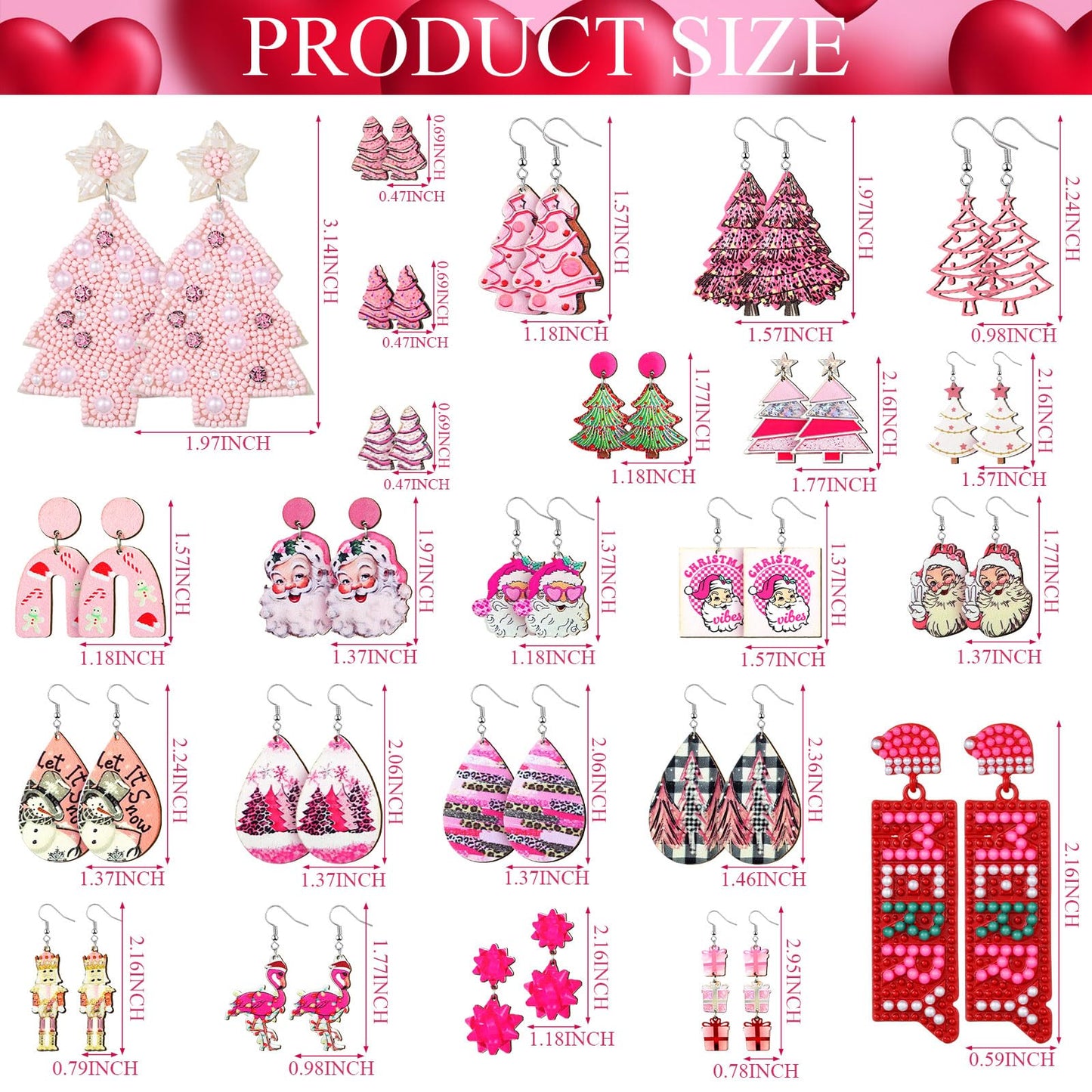 Remuuly 24 Pairs Pink Christmas Earrings for Women Christmas Dangle Earrings Xmas Tree Santa Jewelry for Holiday Party Gifts(Fashion Style)