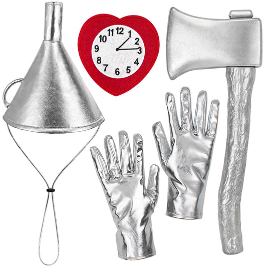 Yezmo 5PCS Tin Costume Accessories, Silver Axe Funnel Hat Set with Heart Clock Brooch Silvery Gloves for Adult Men for Cosplay Party