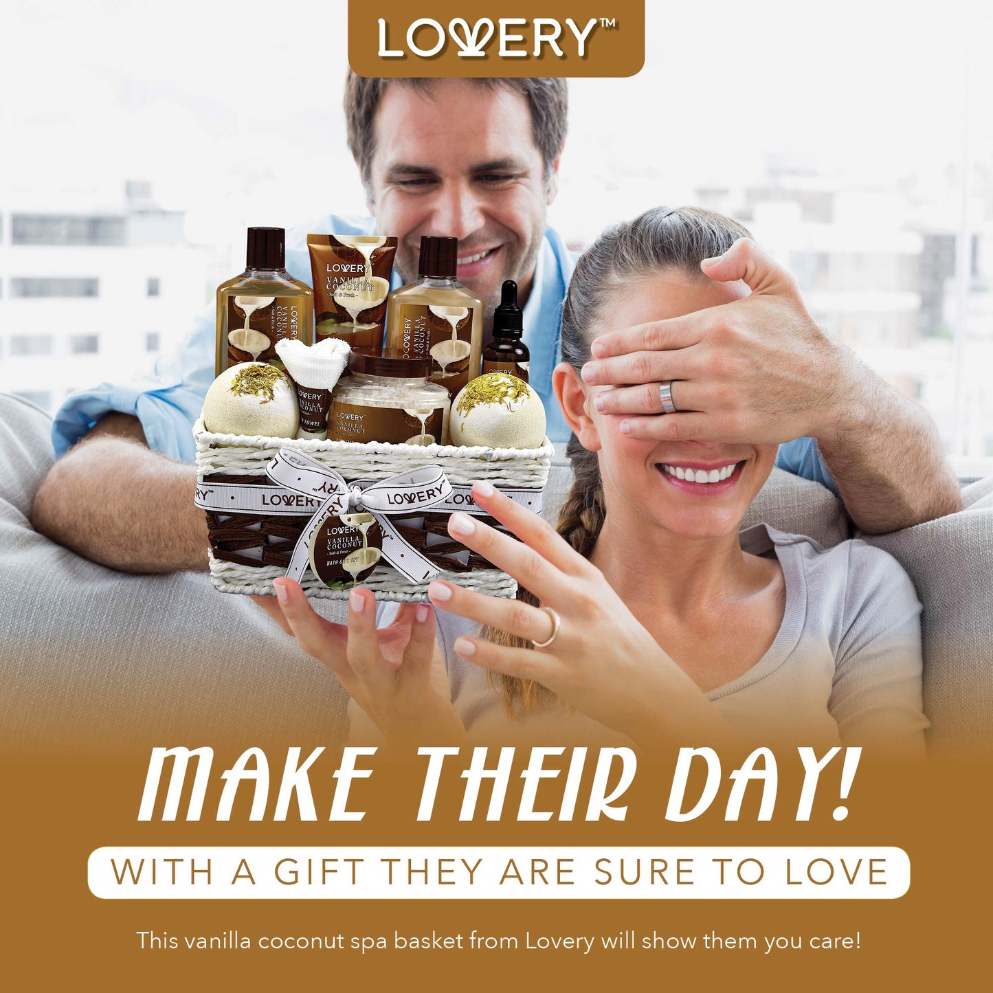 Gifts For Women Gift Basket for Women– 9 Piece Set of Vanilla Coconut Home Spa Set, Includes Fragrant Lotions, Extra Large Bath Bombs, Coconut Oil, Luxurious Bath Towel & More