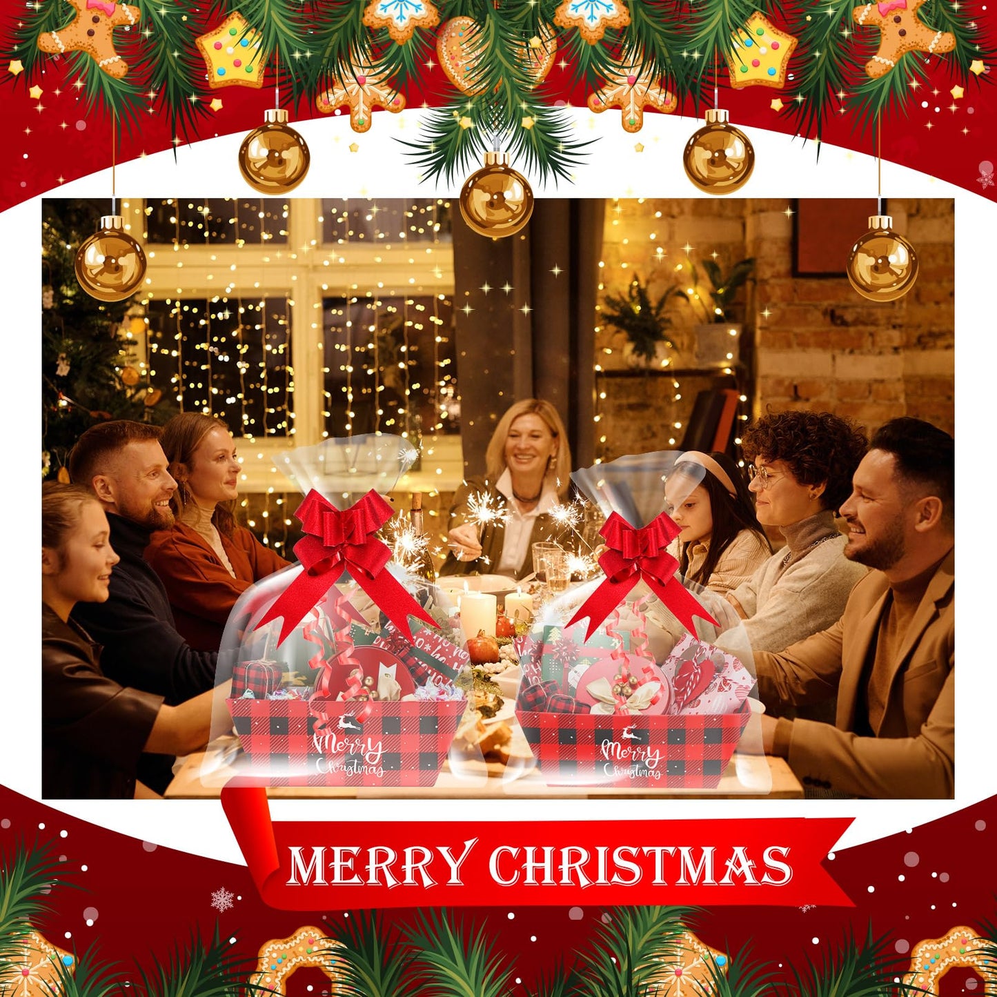 Yeaqee 36 Pcs Christmas Baskets for Gifts Empty Set Includes Buffalo Plaid Christmas Basket for Gifts to Fill, Sturdy Cardboard Baskets Bulk 12 Bags 12 Pull Bows for Xmas