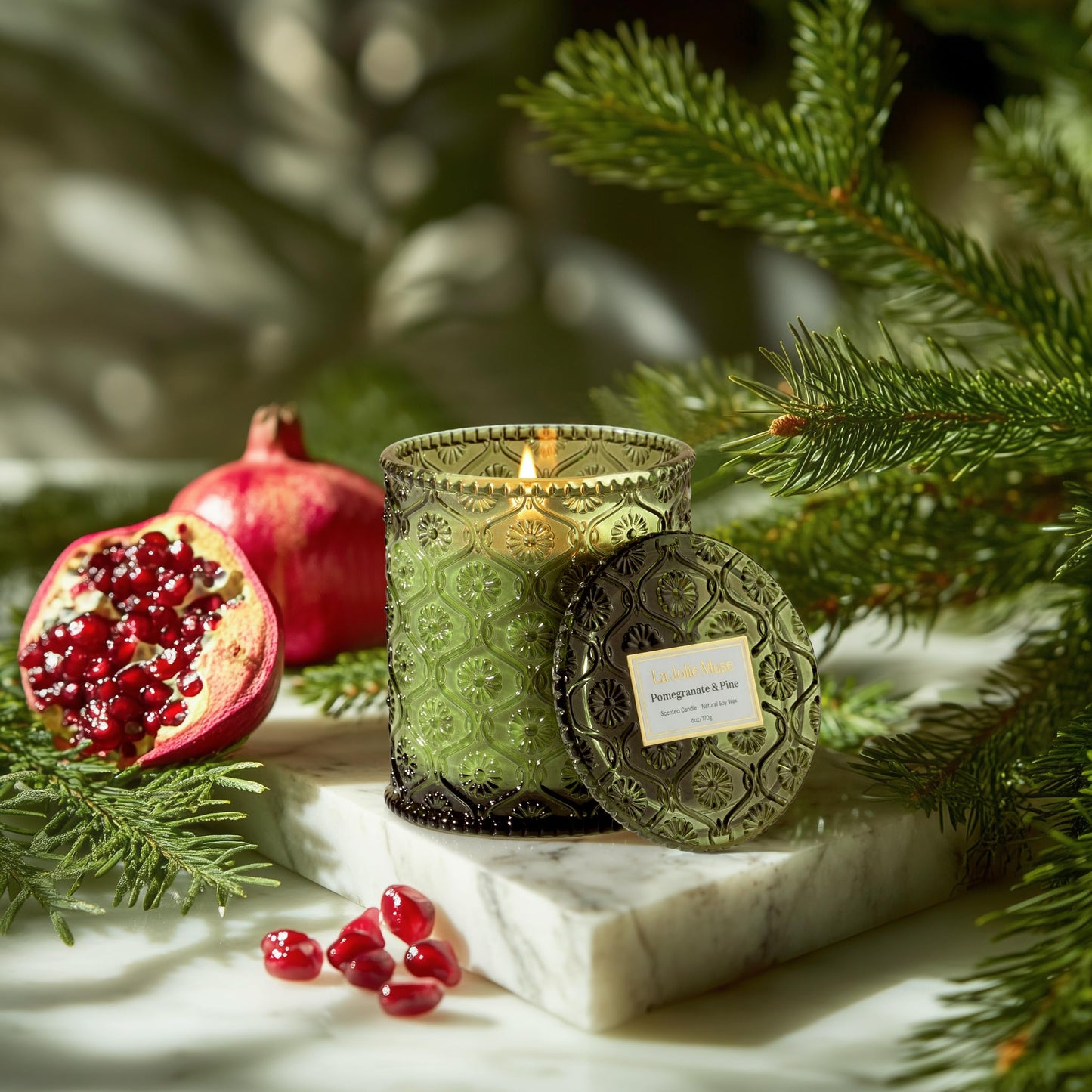 LA JOLIE MUSE Pine Scented Candle, Holiday Candle Gifts, Pomegranate Candle, Winter Scented Candle for Home Scented, Natural Soy Wax Candle, 40 Hours Long Burning