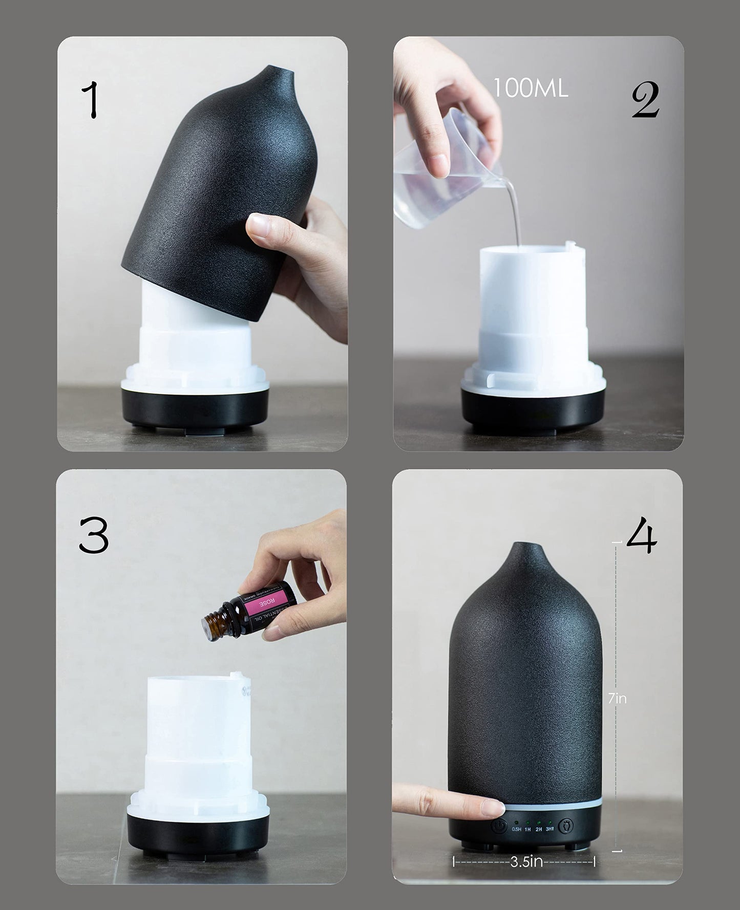 Essential Oil Diffuser,Handcrafted Ceramic Diffuser for Home,Ultrasonic Cool Mist Air Diffuser, 9 Colors Night Light with Timer (Black)